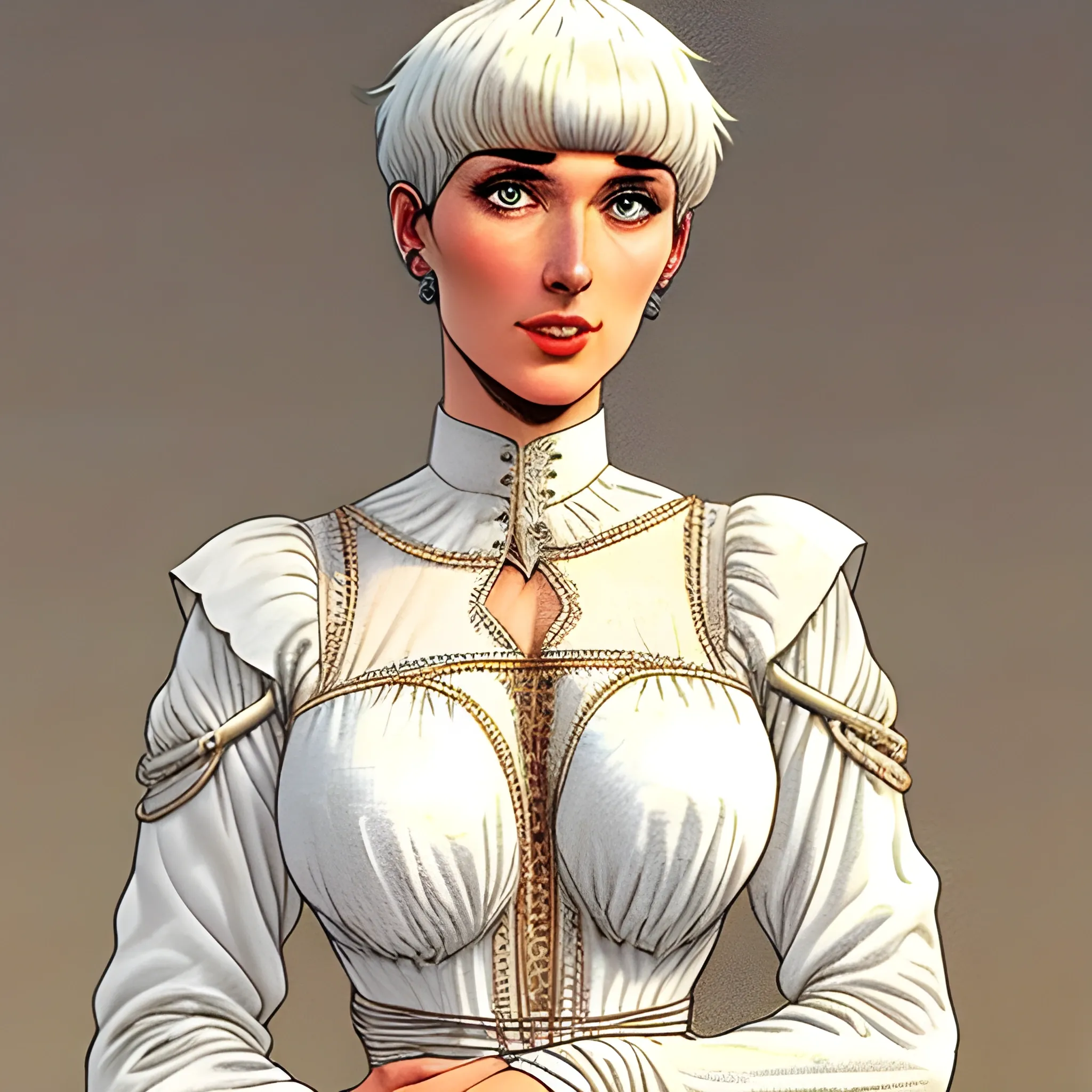 A nervous, unattractive, thin, pale young woman. She has short, white hair in a "roman holiday" short cut, with bangs. She is very nervous. She is wearing medieval cotton workers clothing. By Moebius. Intricate Line Work.