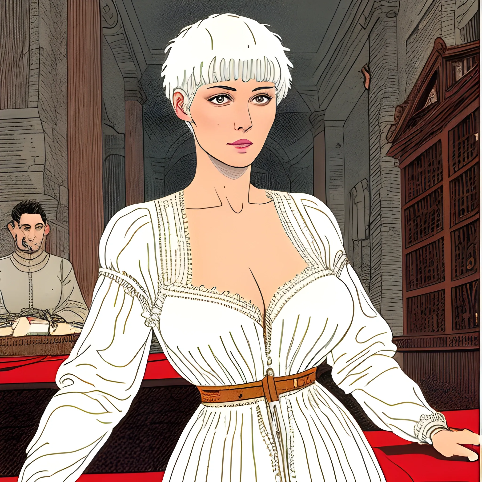 A nervous, unattractive, thin, pale young woman. She has short, white hair in a "roman holiday" short cut, with bangs. She is afraid. She is wearing medieval cotton workers clothing. By Moebius. Intricate Line Work.