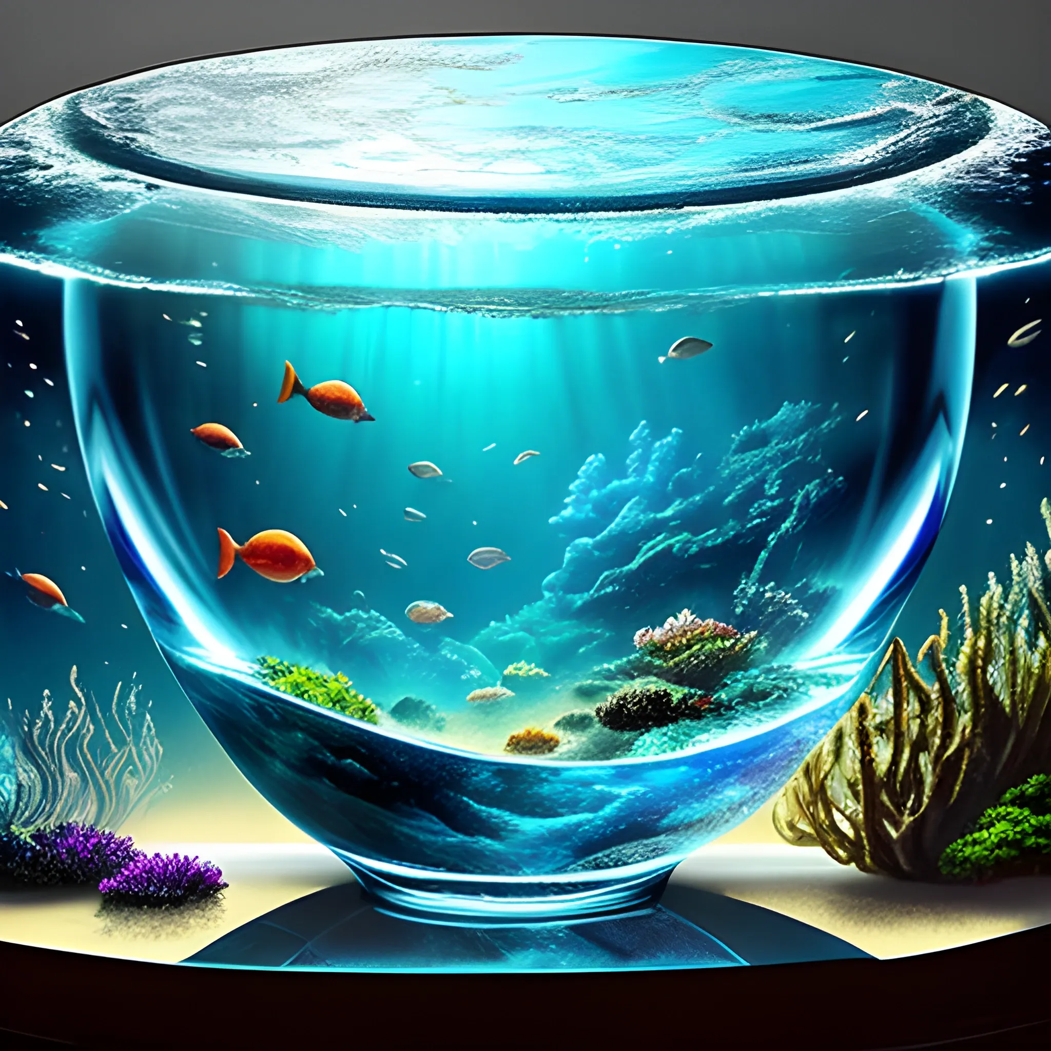 Tiny underwater complete galaxy world in large glass bowl, water, omnilight. Sharp, detailed and intricate environment