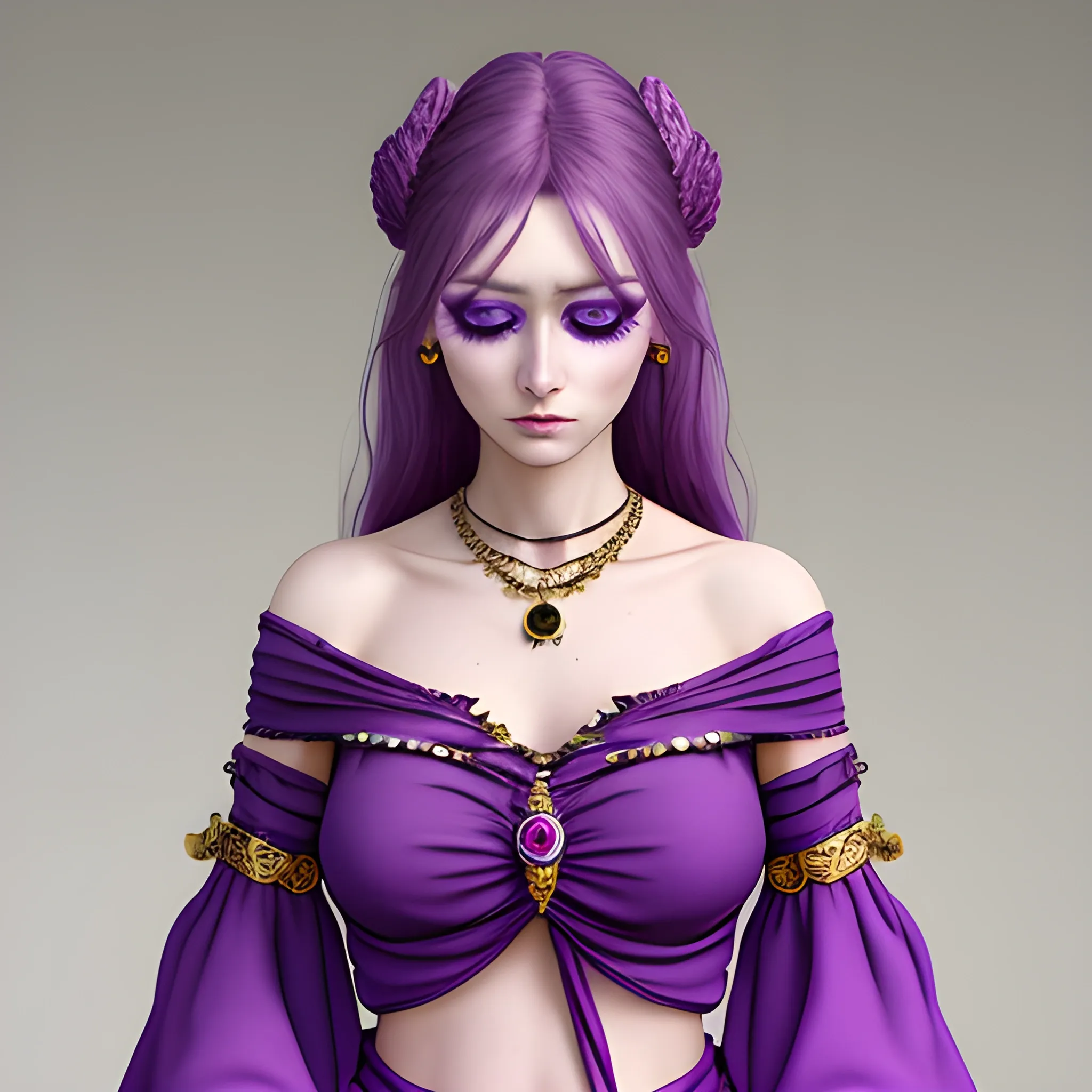 Throné, necklace, off-shoulder shirt, pelvic curtain, bracelet, purple clothes
adult, standing, makeup, eye focus, facing viewer,
<lora:primrose-nv-v2:0> <lora:Thronè:0>