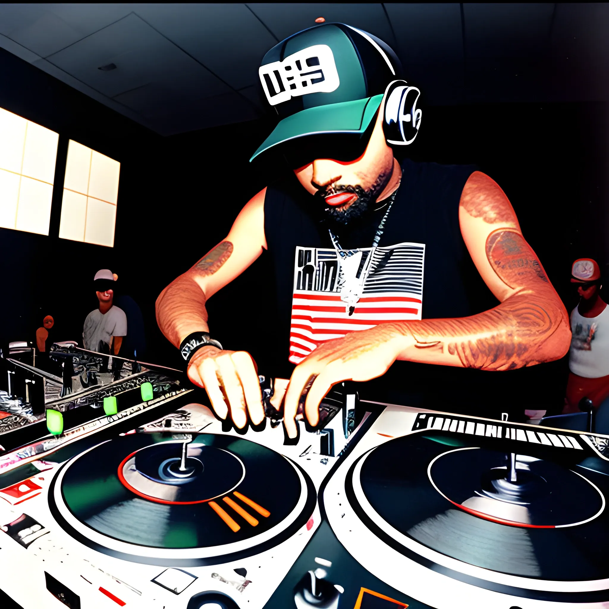 dj hideous harold mixing and scratching on two turntables at the 1993 wrong way u.s.a. dj mixing finals