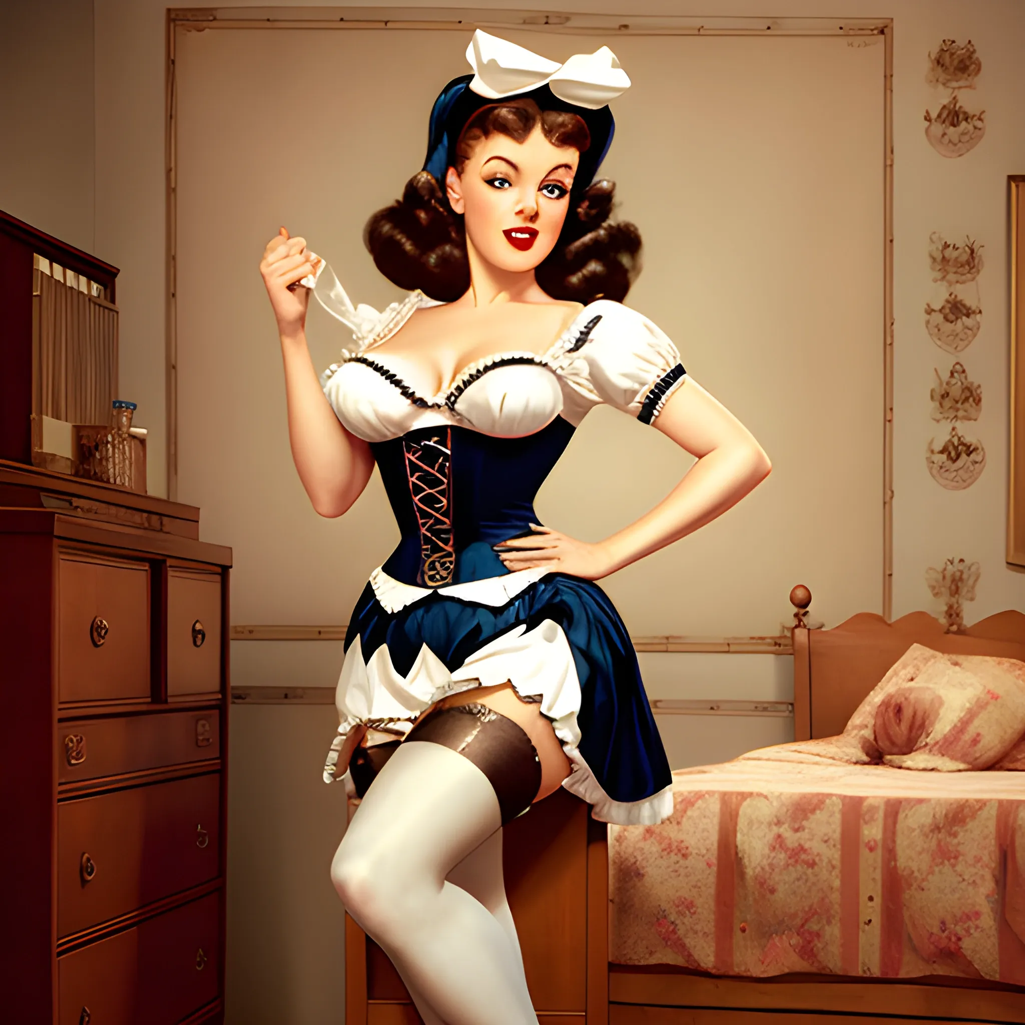 Woman In Room Maid Costume, Pinup, Detailed Eyes, Thigh Stockings, Deep Decolletage, Natural Skin, By Gil Elvgren And Rolf Armstrong, Realistic Photo, Looking Back, Cartoon