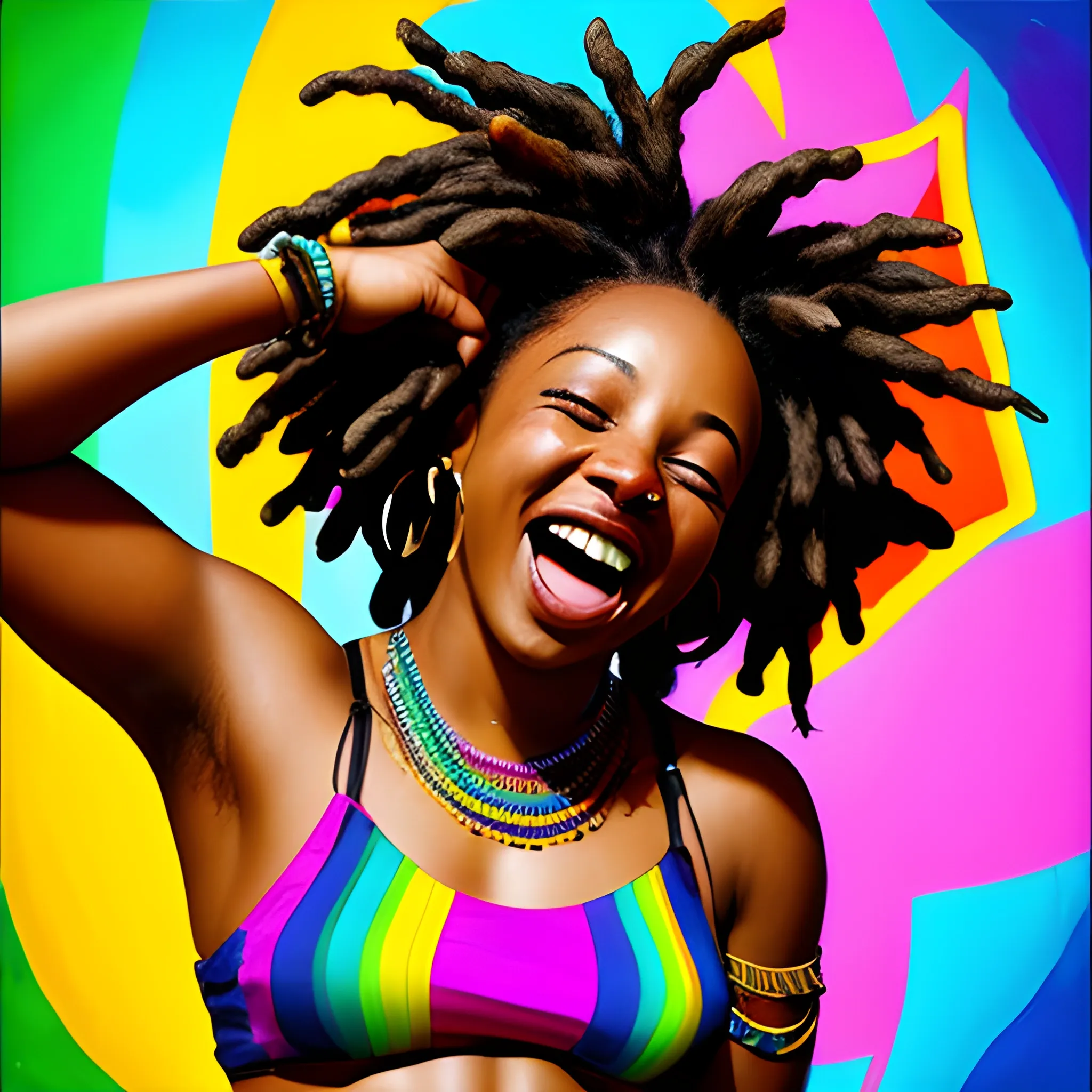 black woman, dancing,thick, short dread locks, laughing, Trippy, wide