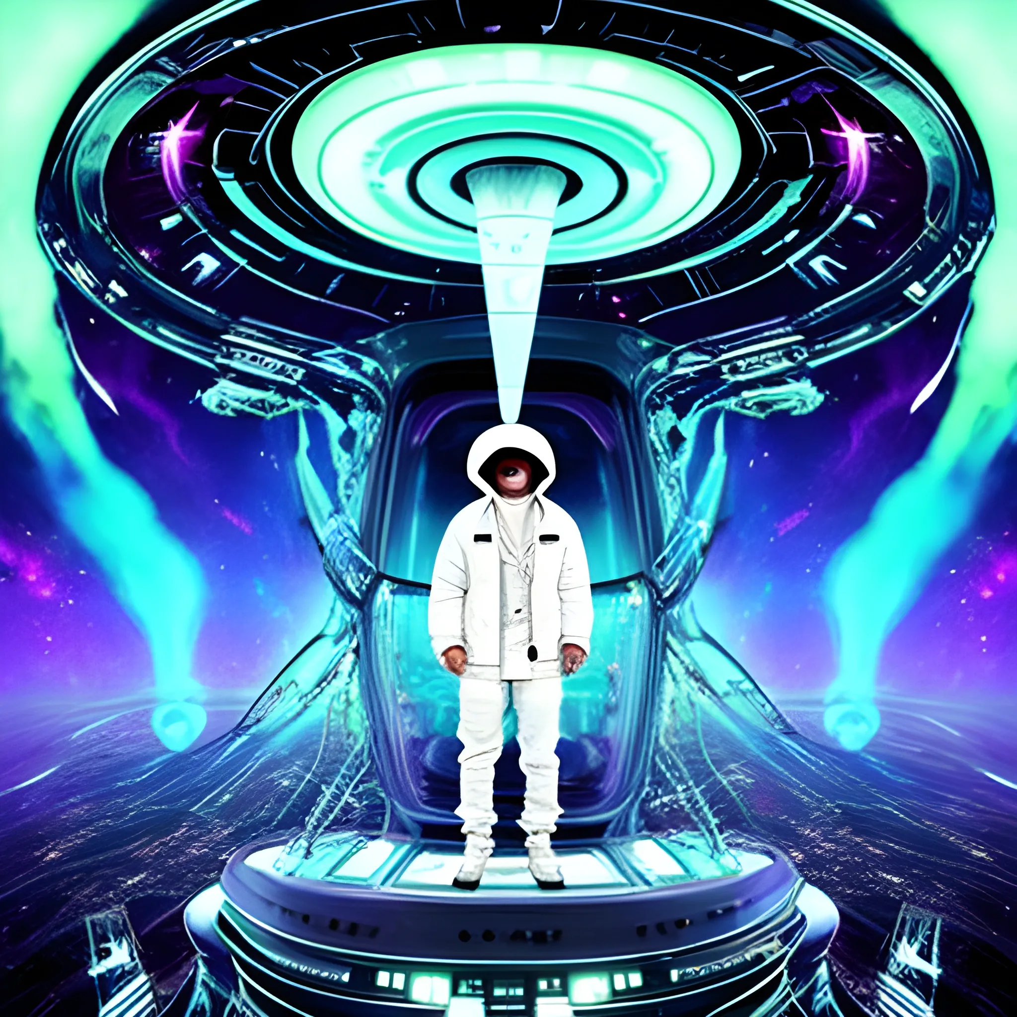 a human white rapper  is coming out of an alien ship to take over the world, Trippy