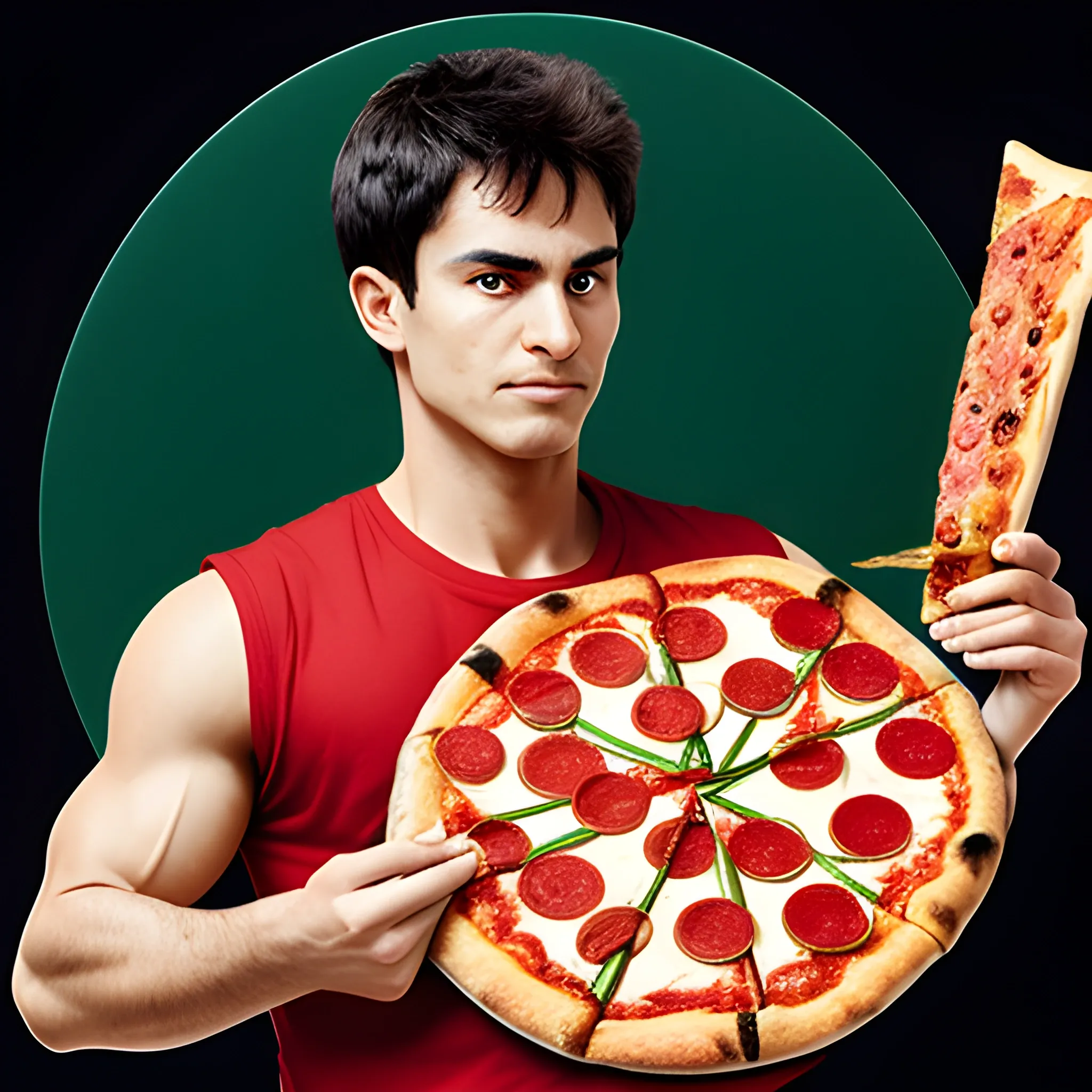 caeser holding pizza as a warrior shield