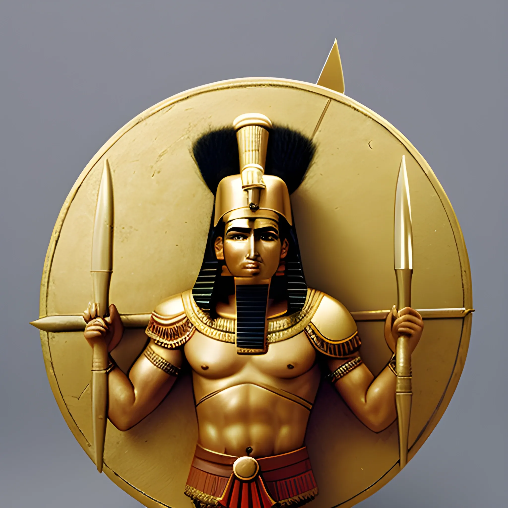 Egyptian warrior holding shield and spear
