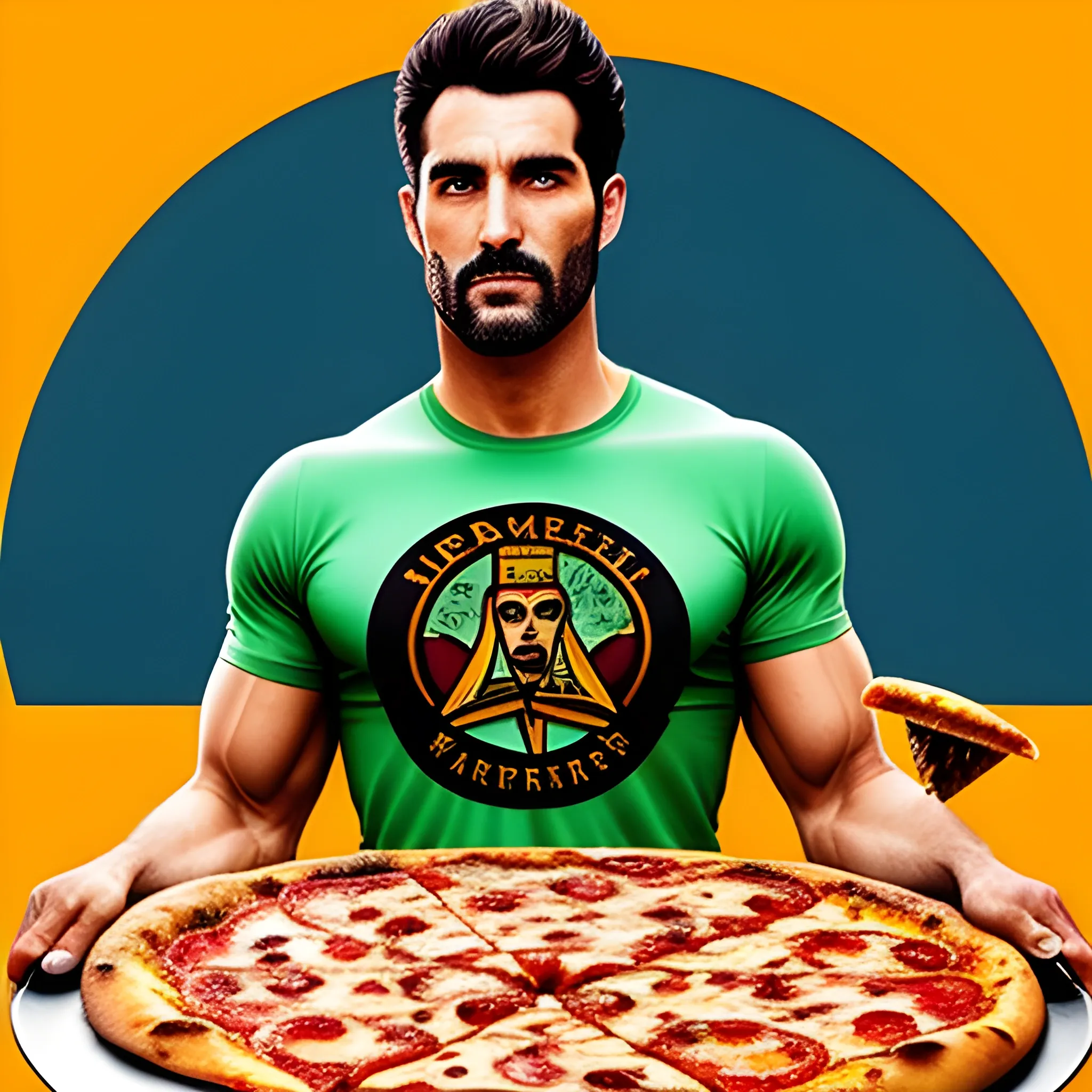 warrior holding a pizza just as the logo of little caesers pizza