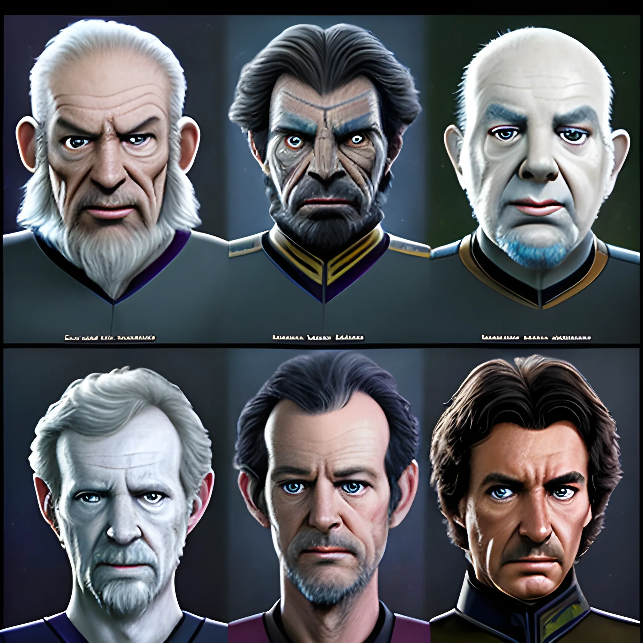 Realistic looking aliens from the following species: Andorian, Klingon, Brakiri, Narn, Wookie, Talón, & Jaridian. Uniforms and random generators.  Mix and match any of the above species to create a realistic looking alien. In the end, there will be over 1000 of them. Using the styles of Edgar Allen Poe, George Lucas, Steven Spielberg, Ridley Scott, Alfred Hitchcock, & Michael Westmore.