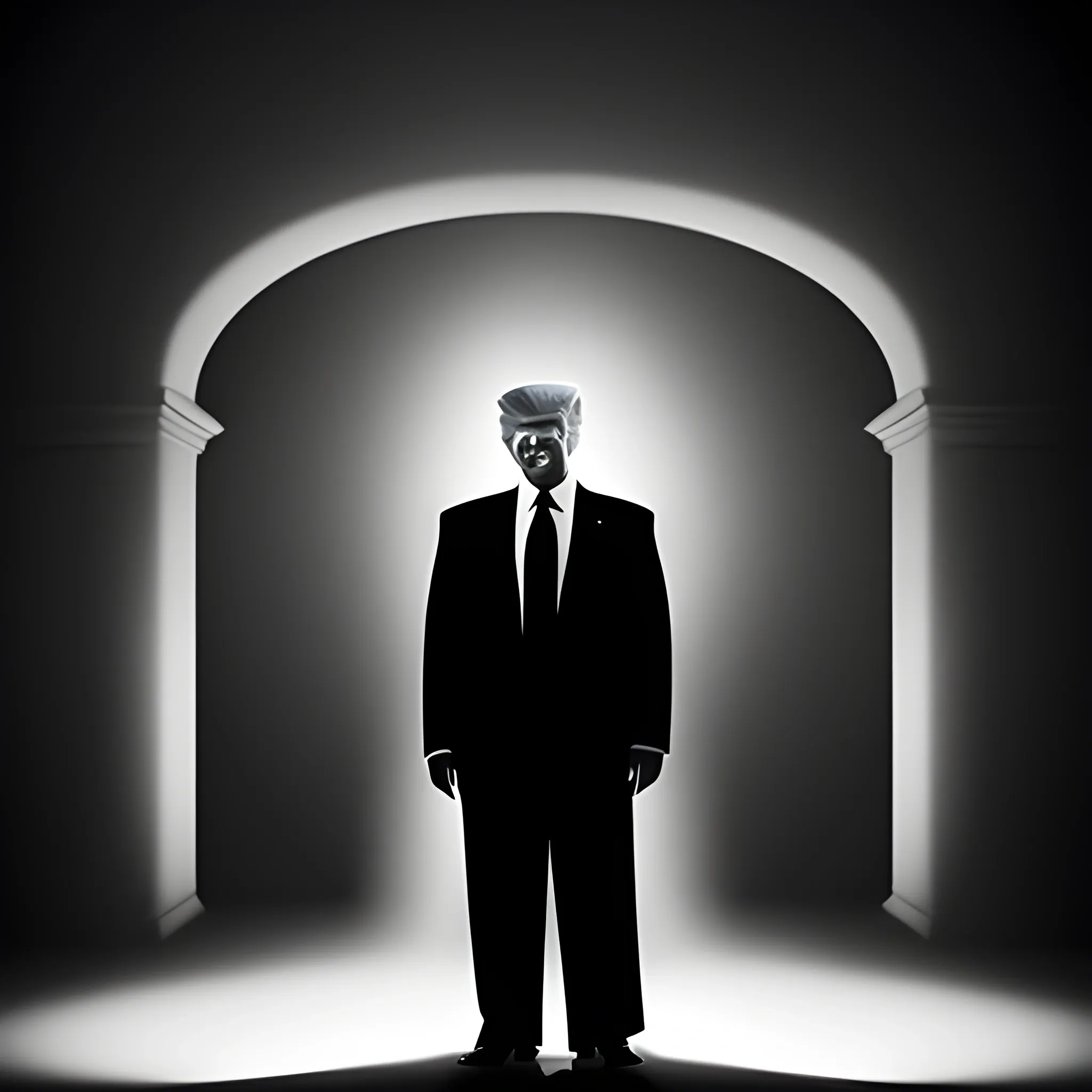 Visualize Donald Trump emerging from shadows, a confident smirk on his face. The setting should be dramatic, with spotlight effects creating a theatrical ambiance, emphasizing his imposing presence and the shock of his appearance.