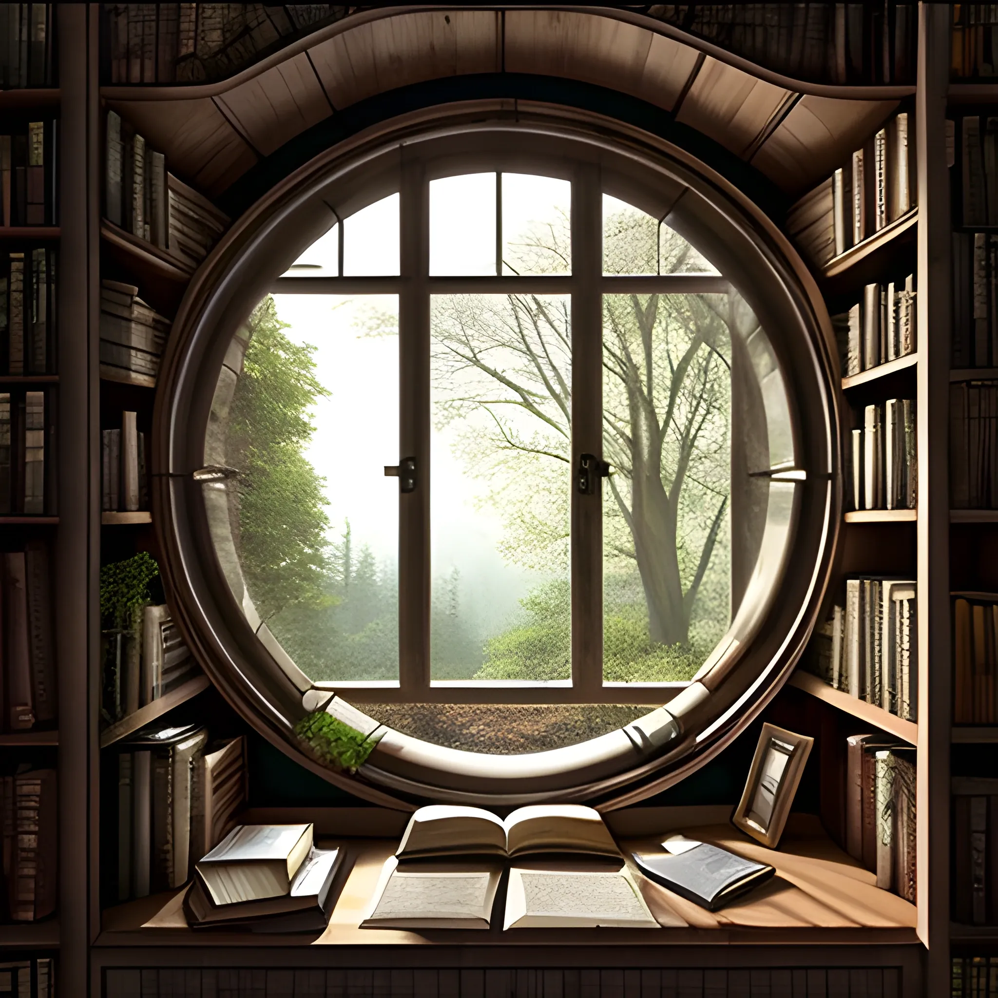 Nature, grown, bedroom library, dark wood and metal, huge circle window, fantasy