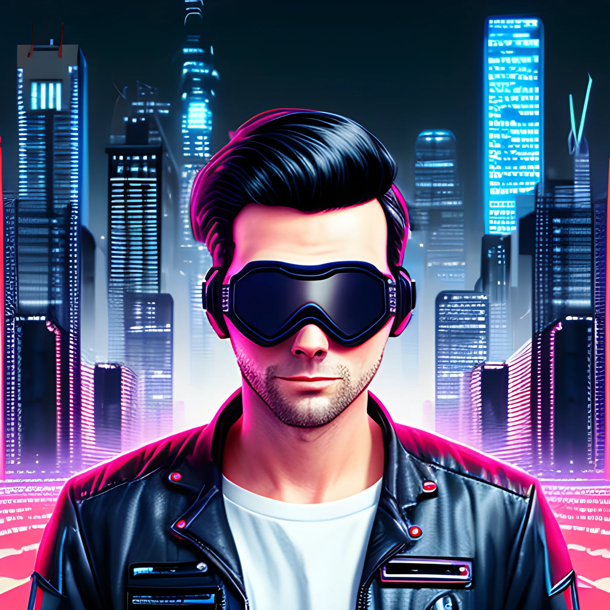 American guy, futuristic, synthcity background, black hair, wearing goggles