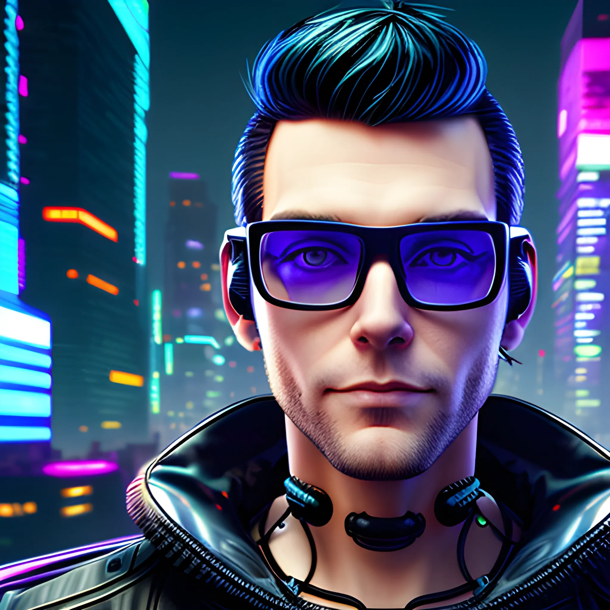 Cyberpunk American guy, futuristic, synthcity background, black hair, wearing glasses