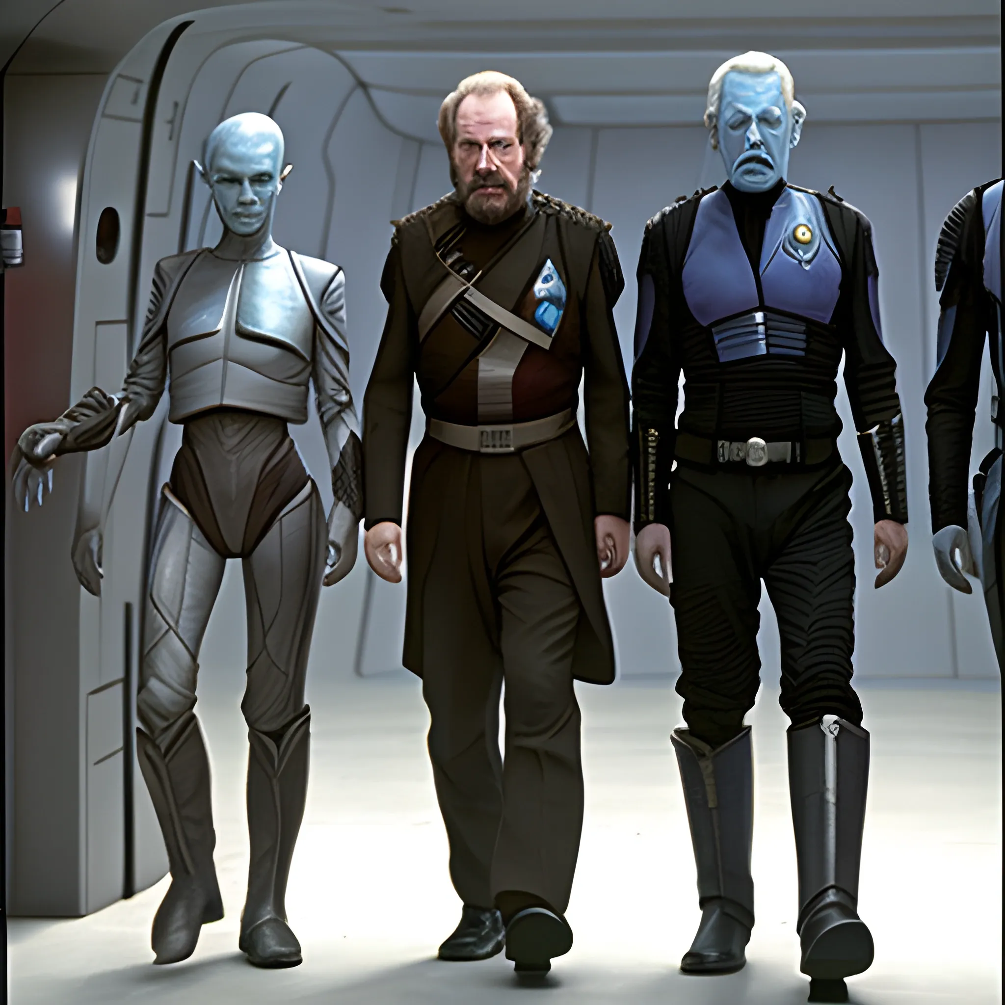 Realistic looking aliens from the following species: Andorian, Klingon, Brakiri, Narn, Wookie, Talón, & Jaridian. Uniforms and random generators.  Mix and match any of the above species to create a realistic looking alien. In the end, there will be over 1000 of them. Using the styles of Edgar Allen Poe, George Lucas, Steven Spielberg, Ridley Scott, Alfred Hitchcock, & Michael Westmore. Standing in front of their ship, and walking straight ahead.