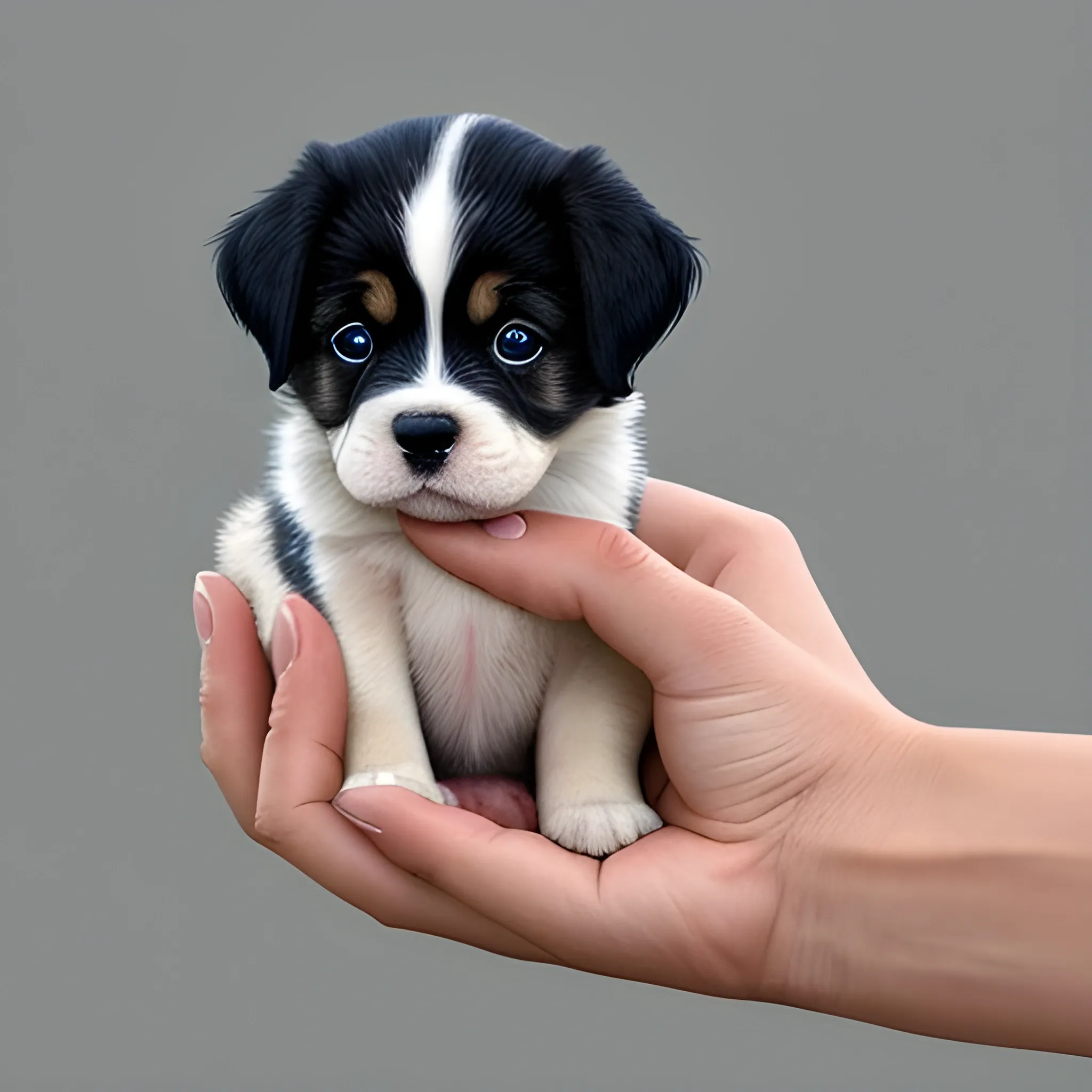 Imagine a tiny puppy comfortably nestled in the palm of a child's hand, its small, curious eyes peering out with a sense of wonder. Capture the warmth and gentleness of this moment, portraying the contrast between the delicate size of the puppy and the innocence of the child's hand cradling it."