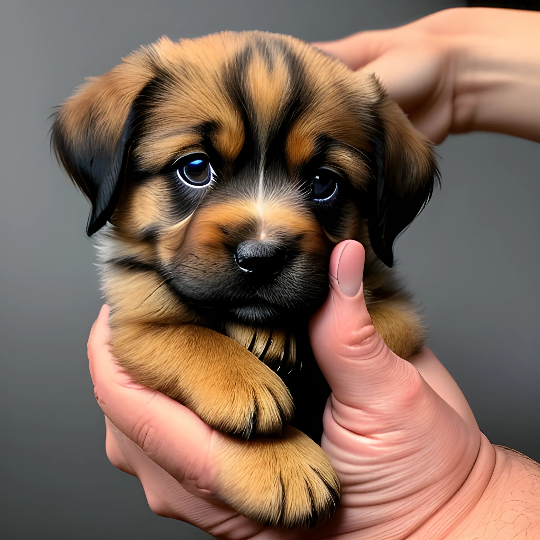 Imagine a tiny puppy comfortably nestled in the palm of a child's hand, its small, curious eyes peering out with a sense of wonder. Capture the warmth and gentleness of this moment, portraying the contrast between the delicate size of the puppy and the innocence of the child's hand cradling it."