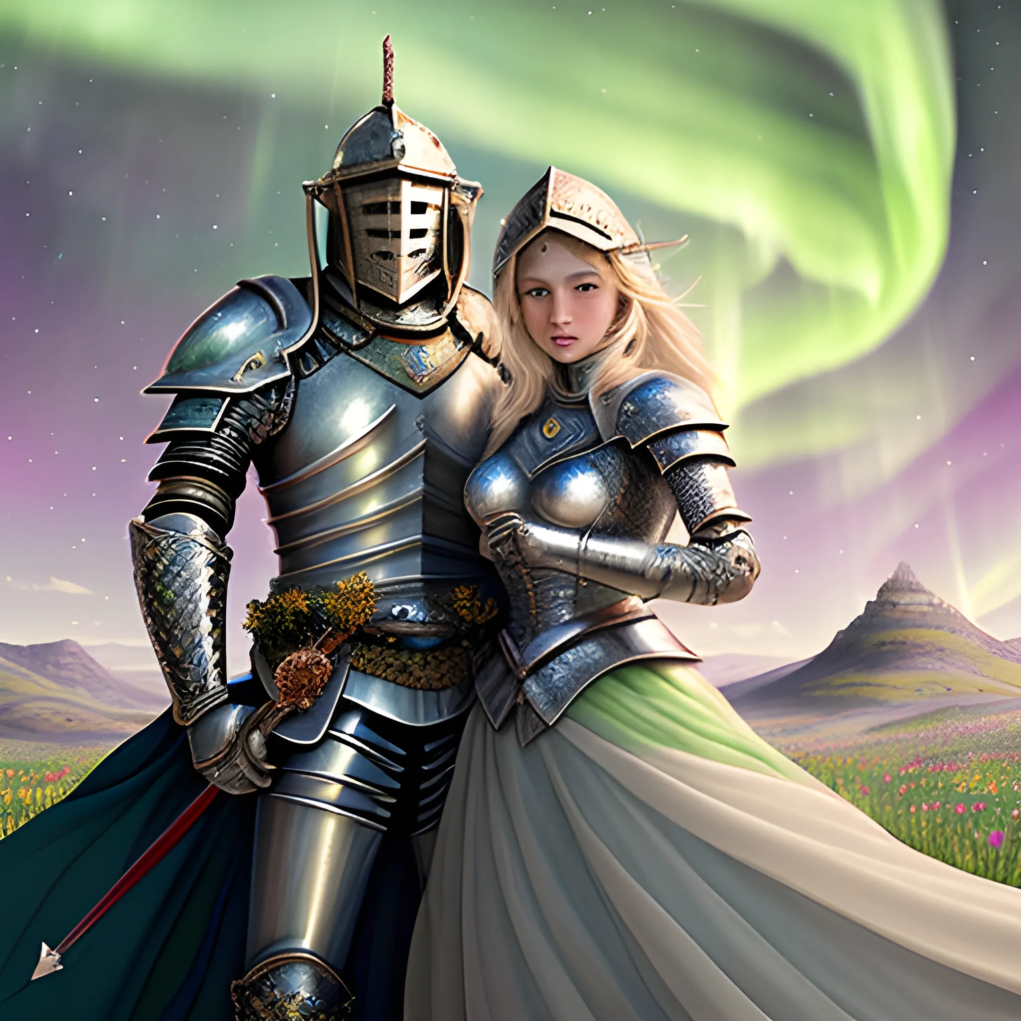 handsome male knight and a beautiful female knight, holding up swords in victory towards the sky, majestic capes flowing in the wind, (gorgeous detailed faces, sparkling eyes, plump rosy lips), armored bodies, detailed plates and visors, triumphant expressions, rolling green hills, colorful wild meadow flowers, (galactic nebula, cosmic dust clouds, swirling auroras, vivid northern lights), sweeping landscape, illustrations