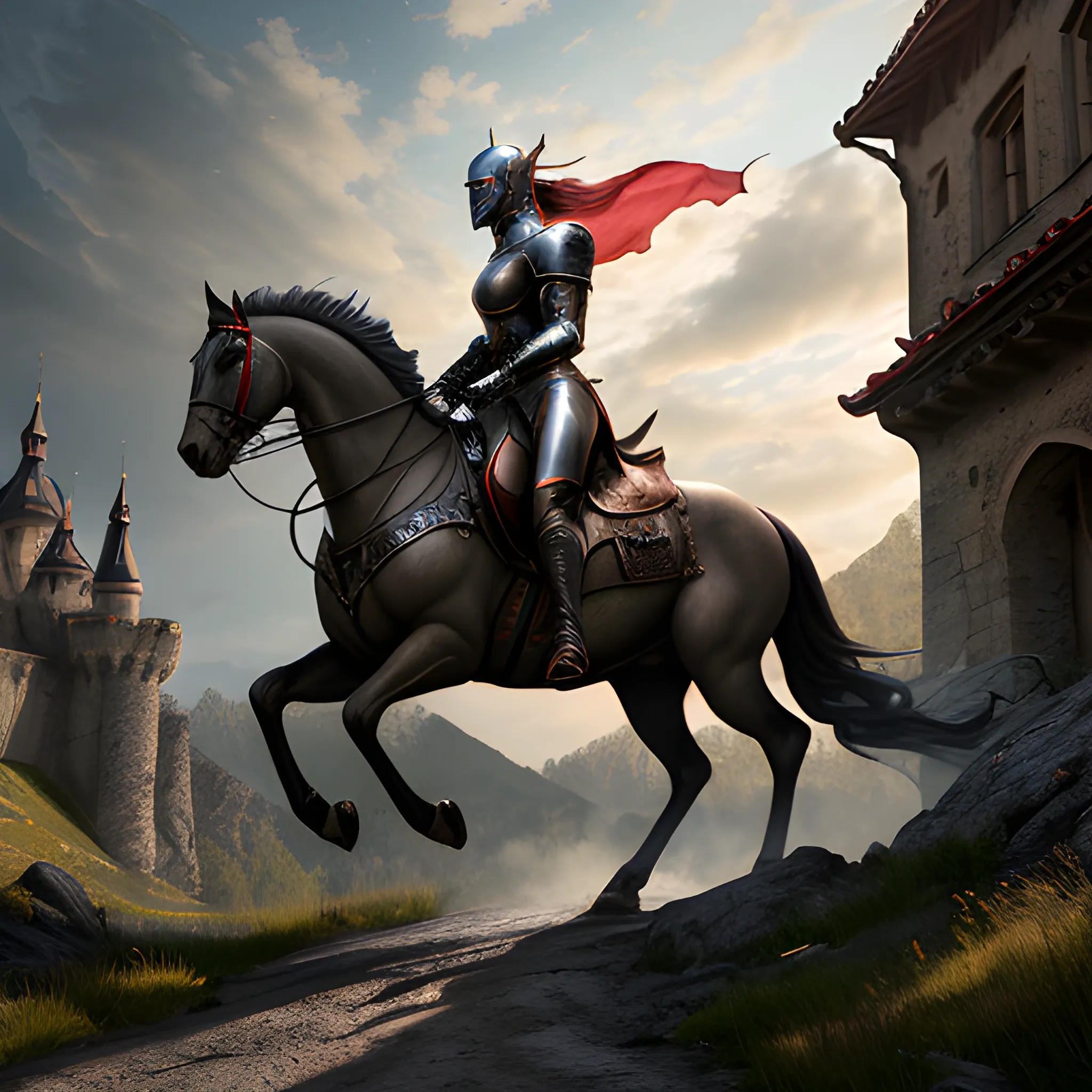  subsurface scattering, heavy shadow, (high quality:1.4), (intricate, high detail:1.2), professional photography, HDR, High Dynamic Range, realistic, ultra realistic, photorealistic, high resolution, film photography, ambient lighting, atmospheric effects, masterpiece, medieval knight on horseback, with a black banner with a half-broken red dragon, in the background the Orava Castle of Slovakia,Epic cinematic brilliant stunning intricate meticulously detailed dramatic atmospheric maximalist digital matte painting  ,  cinematic, smooth, detailed, hyperrealism, very small aperture, clear reflection, post production, post-processing, 8k, retouch, HDR, Super-Resolution, Soft Lighting, Ray Tracing Global Illumination, Lumen Reflections,  