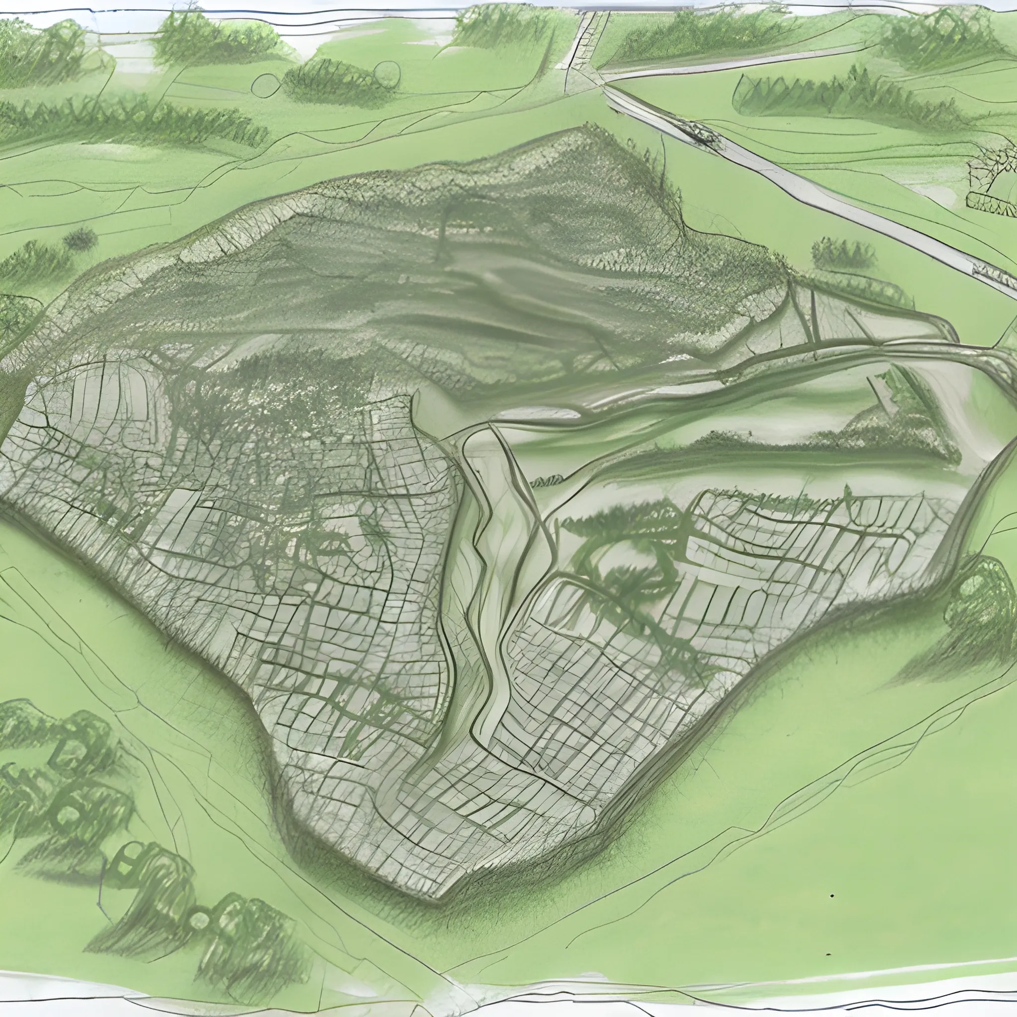 Generate me a military style map of a jungle town with one river, a cross roads, and a defensive position around the town, Pencil Sketch