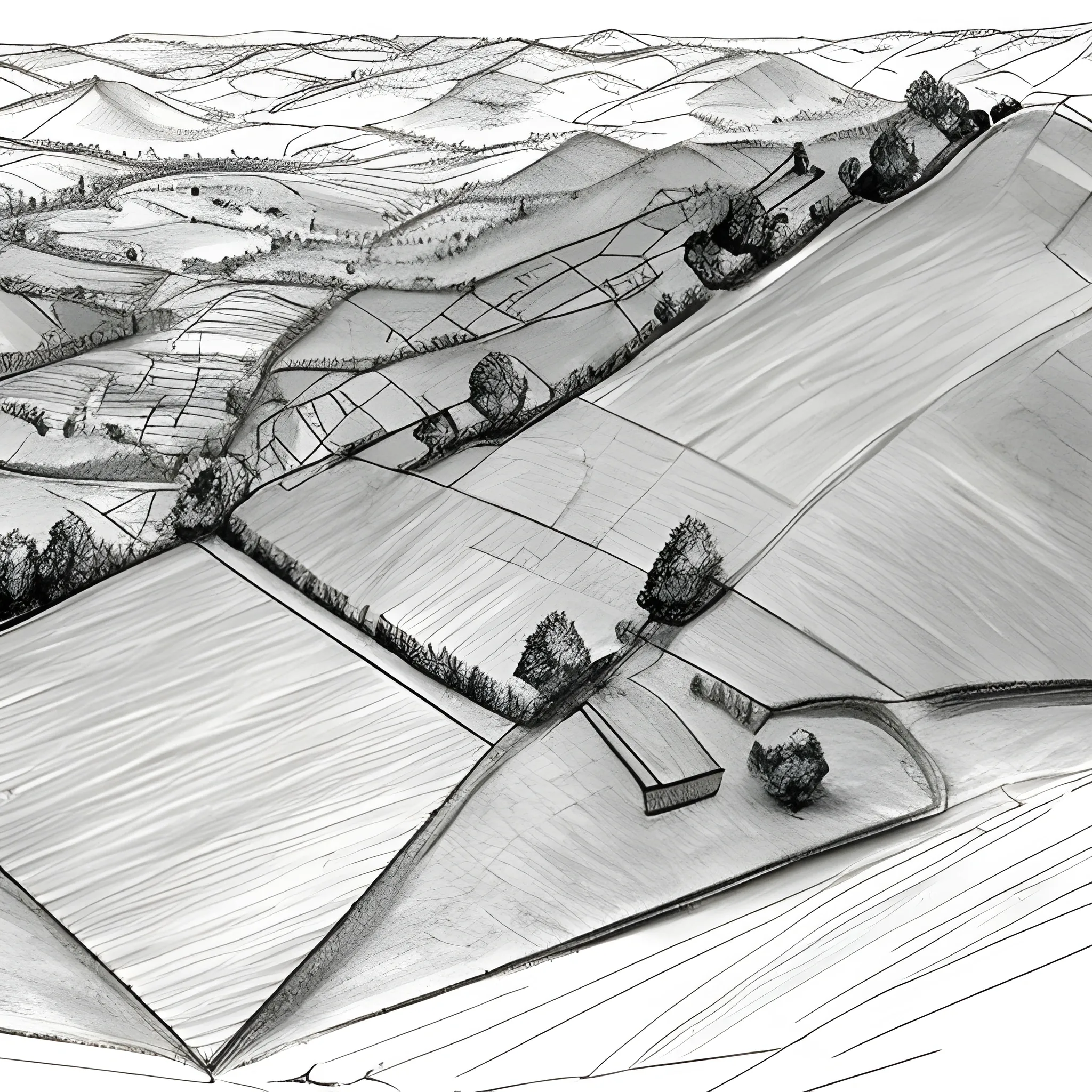 Generate me a map of a Hilltop defensive position and the field next to it 1950 french, Pencil Sketch