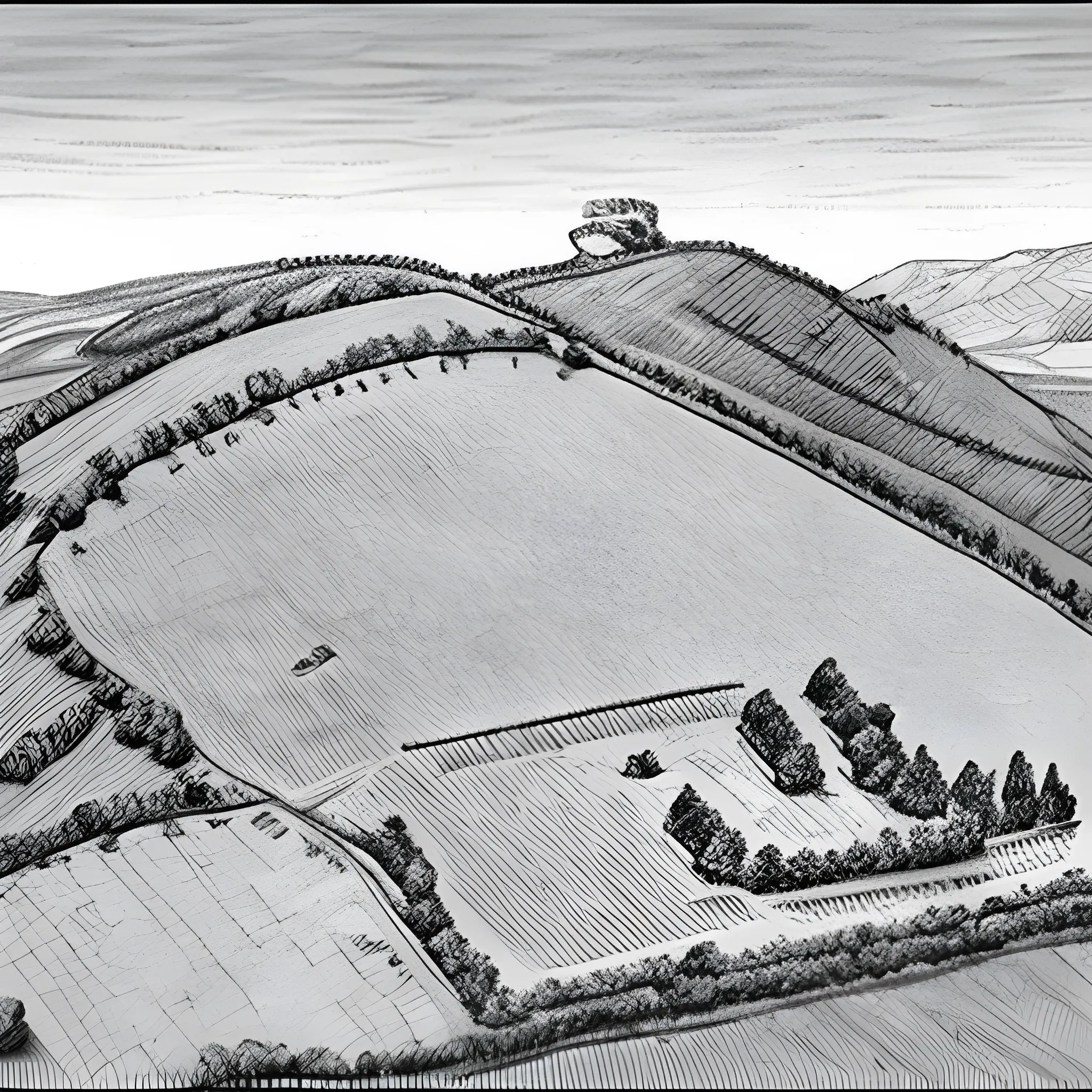 Generate me a map of a Hilltop defensive position and the field next to it 1950 french, Pencil Sketch