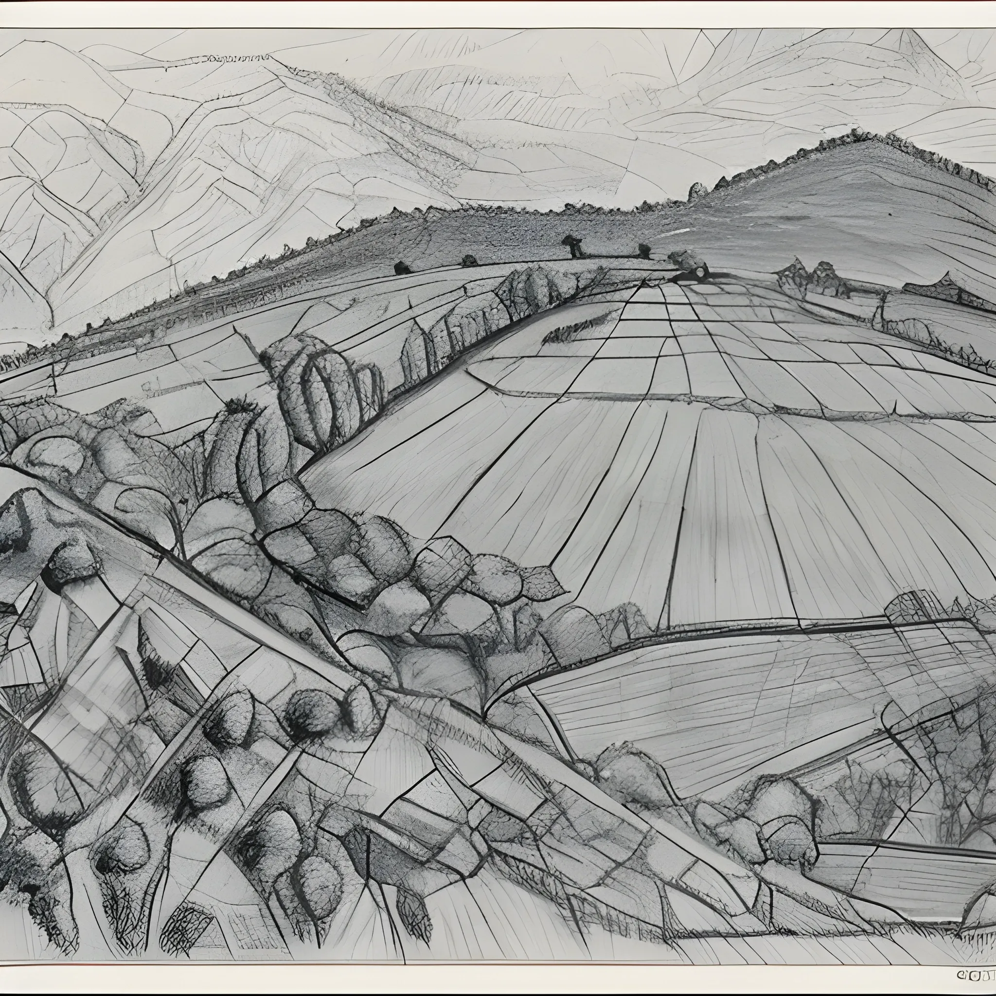 Generate me a map of a Hilltop jungle defensive position and the field next to it 1950 french, Pencil Sketch