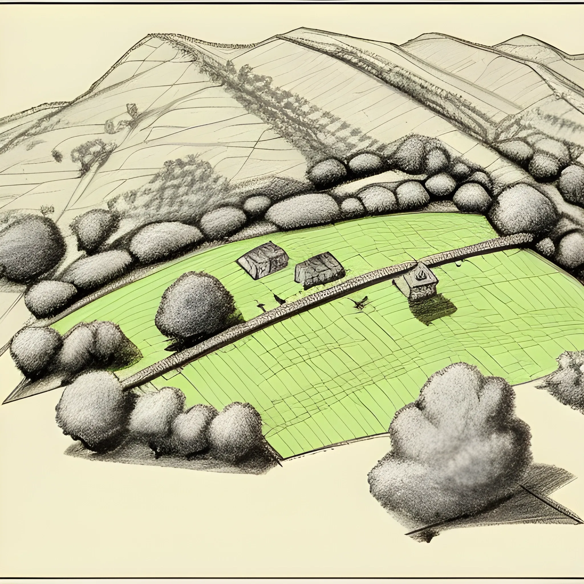 Generate me a map of a Hilltop jungle defensive position and the field next to it 1950 french, Pencil Sketch