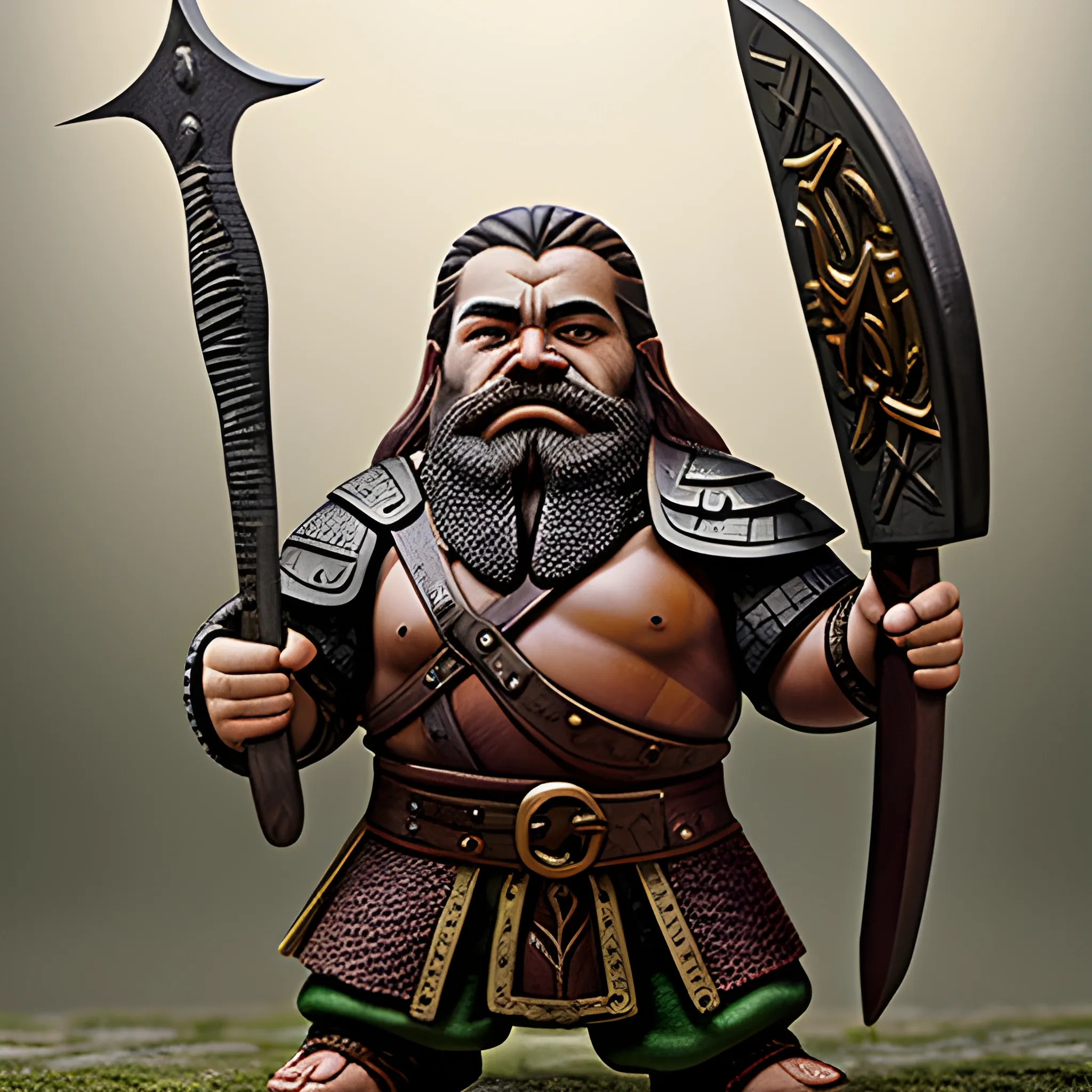 A warrior dwarf holding a warhammer with setting in the viking era