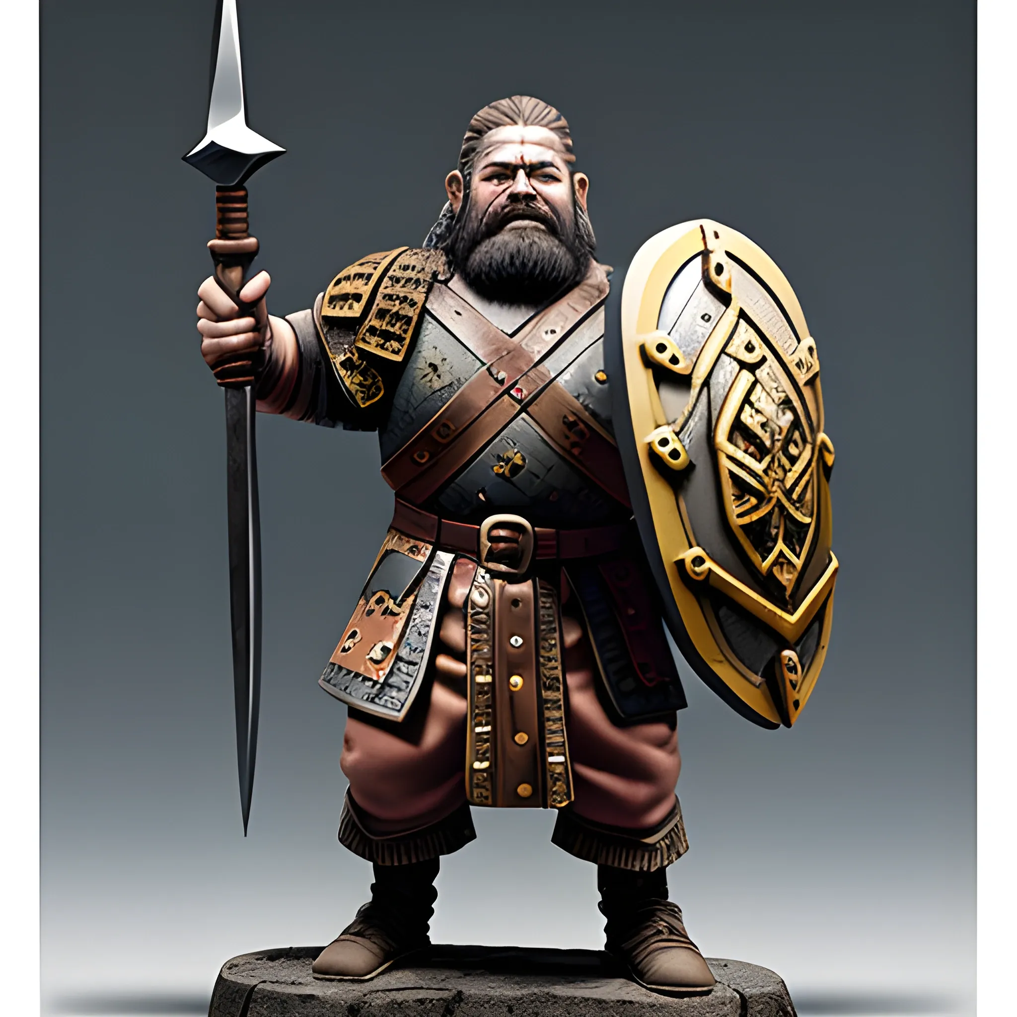 A warrior dwarf holding a warhammer and a shield with setting in the viking era