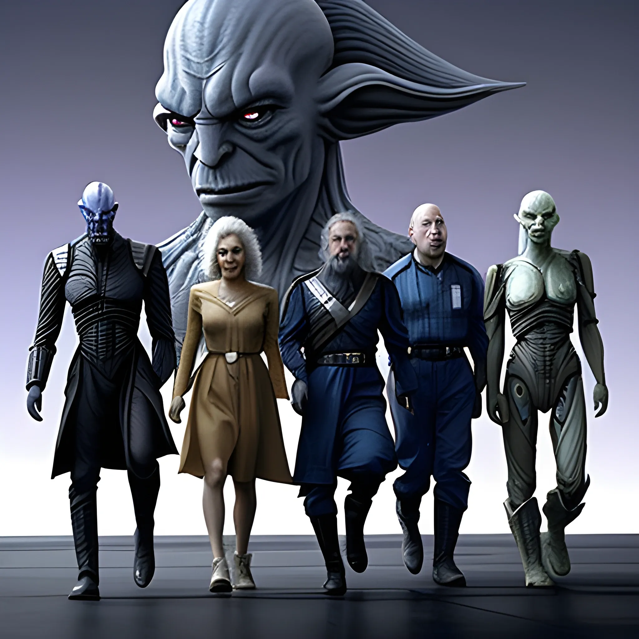 Realistic looking aliens from the following species: Andorian, Klingon, Brakiri, Narn, Wookie, Talón, & Jaridian. Uniforms and random generators.  Mix and match any of the above species to create a realistic looking alien. In the end, there will be over 1000 of them. Using the styles of Edgar Allen Poe, George Lucas, Steven Spielberg, Ridley Scott, Alfred Hitchcock, & Michael Westmore. Standing in front of their ship, and walking straight ahead.