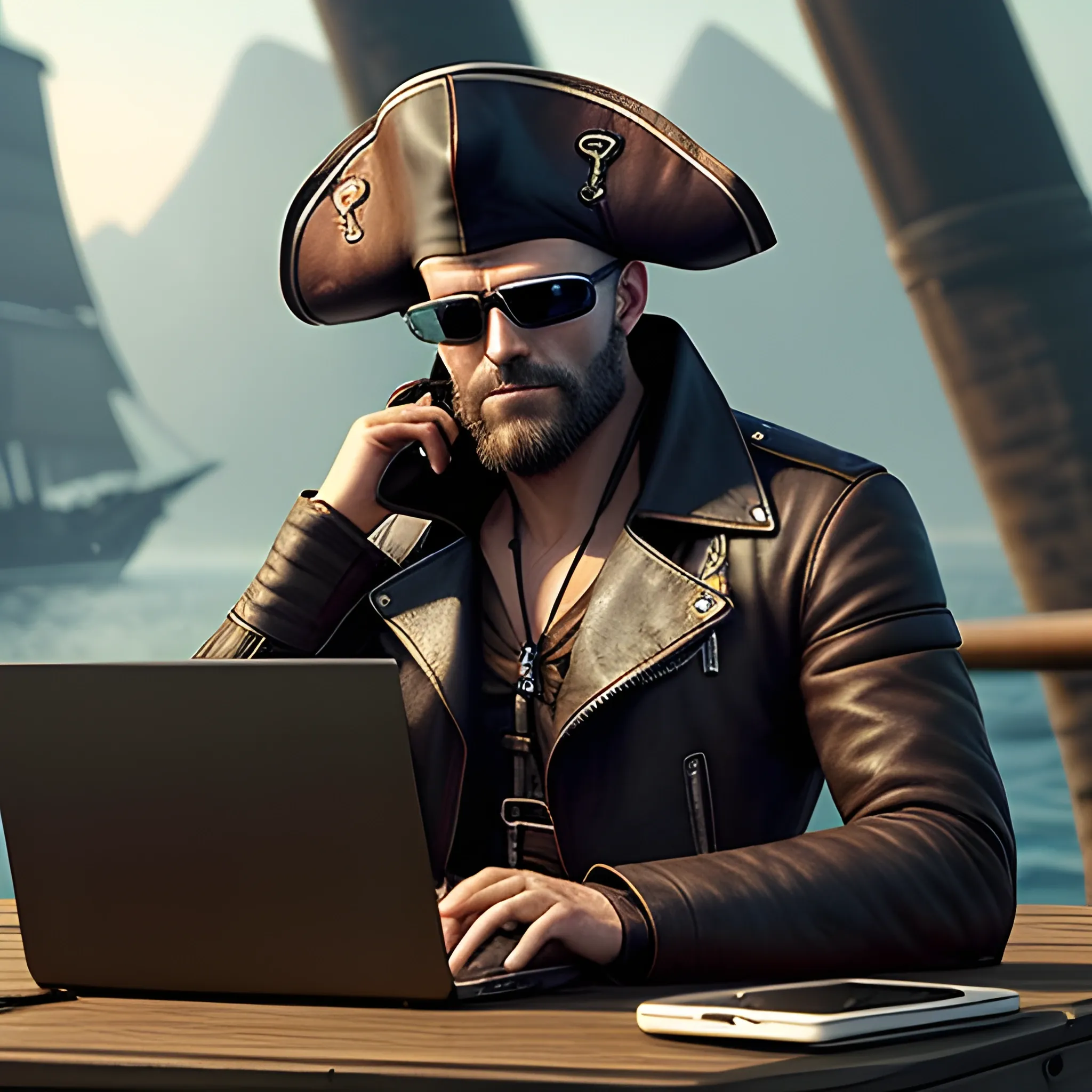 A pirate carrying a computer is a fascinating character that blends traditional pirate traits with modern technology. Imagine someone dressed in classic pirate attire, such as an old leather jacket, a tricorn hat, and perhaps a belt holding a sword or dagger. However, instead of being armed with an old musket, he carries a modern laptop.

This pirate could be a mix of the past and the future, using technology for digital hacking and heists instead of traditional piracy methods. His old leather bag might be filled with modern gadgets like laptops, tablets, hacking tools, and maybe even a small drone.

You can picture him sitting on the deck of an old ship, but instead of plotting an attack on another vessel, he is busy typing codes on his laptop, trying to breach a secure network or extract valuable data. He might have augmented reality glasses that help him see live data feeds as he skillfully navigates the cyber world with the same expertise he uses to sail the open sea.