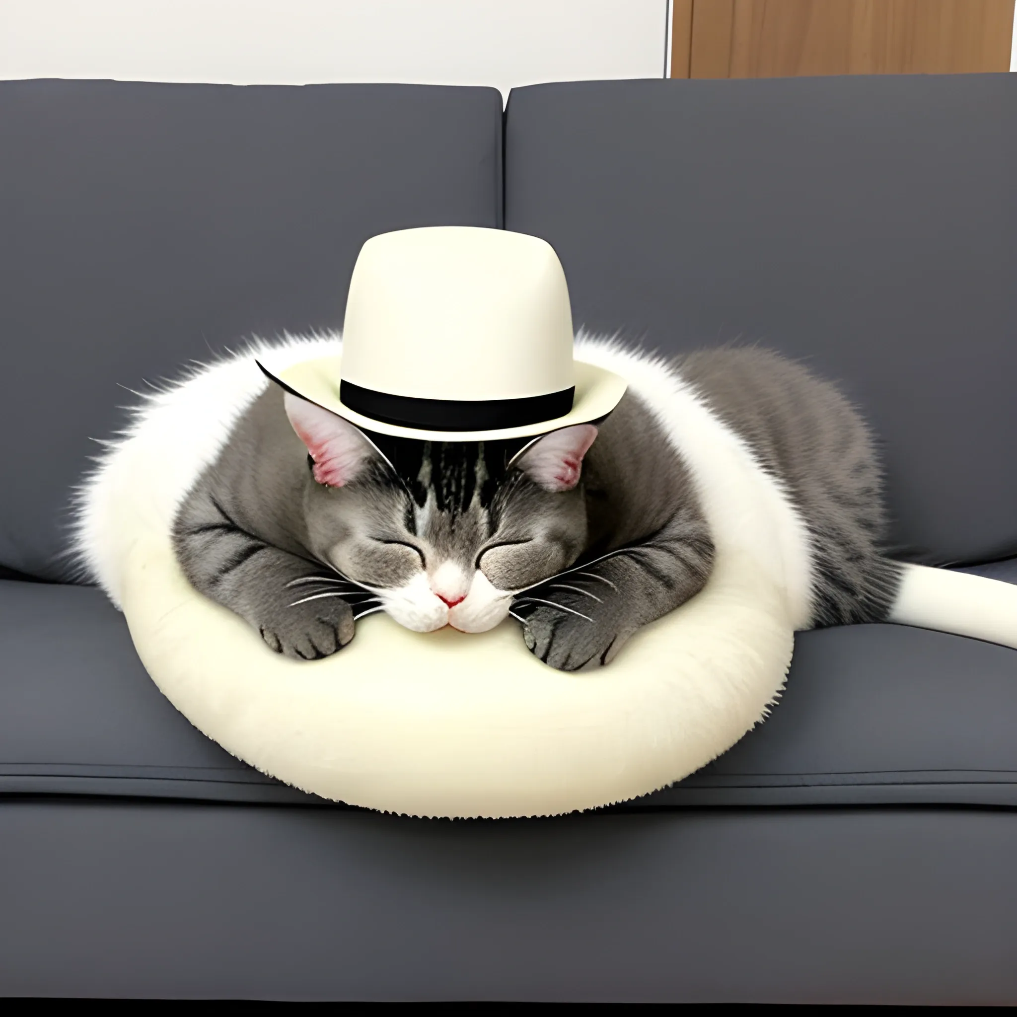 a kitty wearing a small hat sleeping on a sofa, Manga style