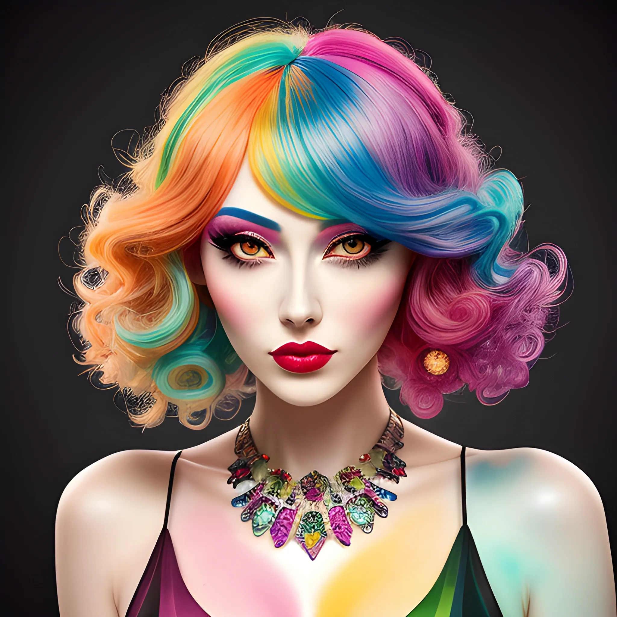 (Masterpiece Best Quality), (Extremely Complex: 1.2),, beautiful girl, big eyes, orange-red lipstick, silver-green bangs, short curly hair, wearing colorful and fashionable summer colorful pattern T-shirt half-sleeve, half-length picture, half-length photo, blue, red, yellow, pink, gradient hair, {neon pink hair, tender pink hair, tender blue hair, tender green hair, tender yellow hair,}, glowing hair, shirt, black eyes, blurred background, red lips, bangs, ((Colorful balloon background)), collarbone, colorful ink background, ((Ink splash)) (Color splash), standing picture, upper body ((Rainbow color hair)), gradient color, paint, highest quality, highest quality, masterpiece, depth of field, delicate and moist skin, cute girl, solo, wall covered with colorful paint, gradient, exquisite CG, exquisite and beautiful facial features, gorgeous highlights, crystal clear, beautiful, charming, shining, perfect, ultra-clear Chinese style