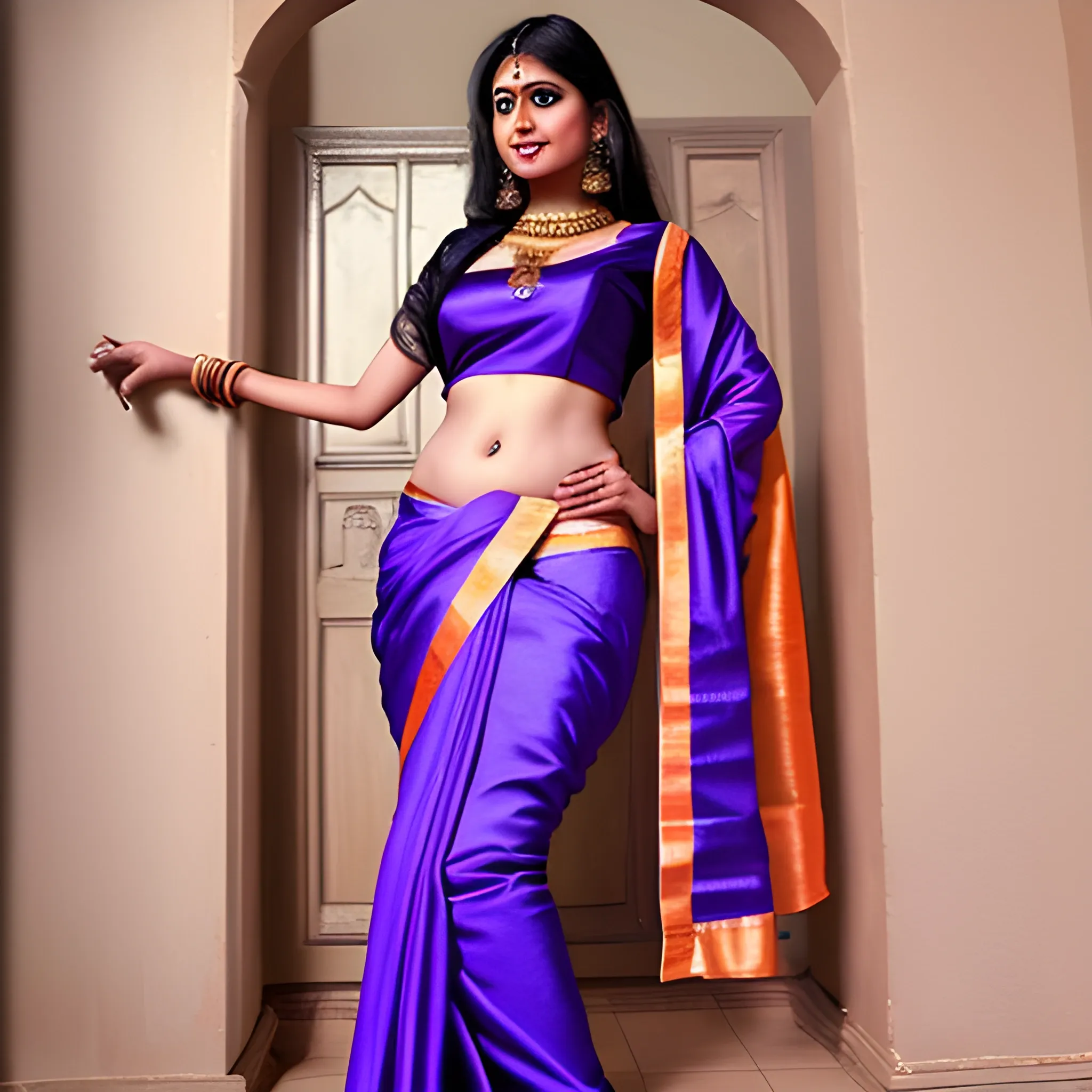 An indian women wearing ultra low waist satin saree with cleveage show and midriff exposed