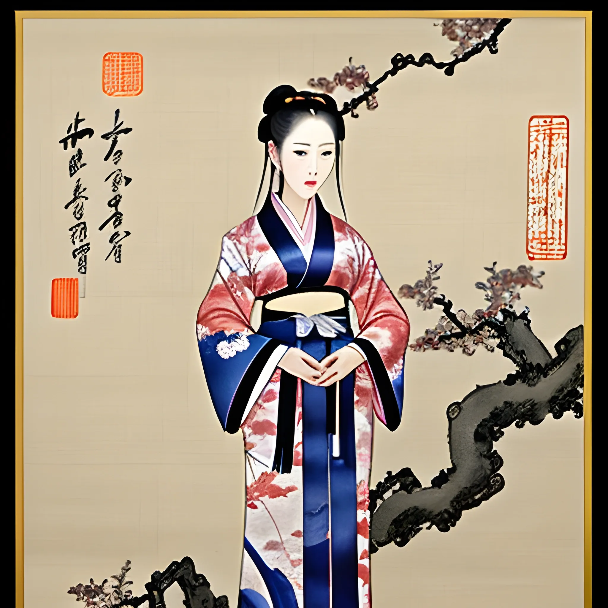 Pictures of ladies full-length in kimono in ancient Chinese traditional painting style, elegant, master paintings, Water Color,