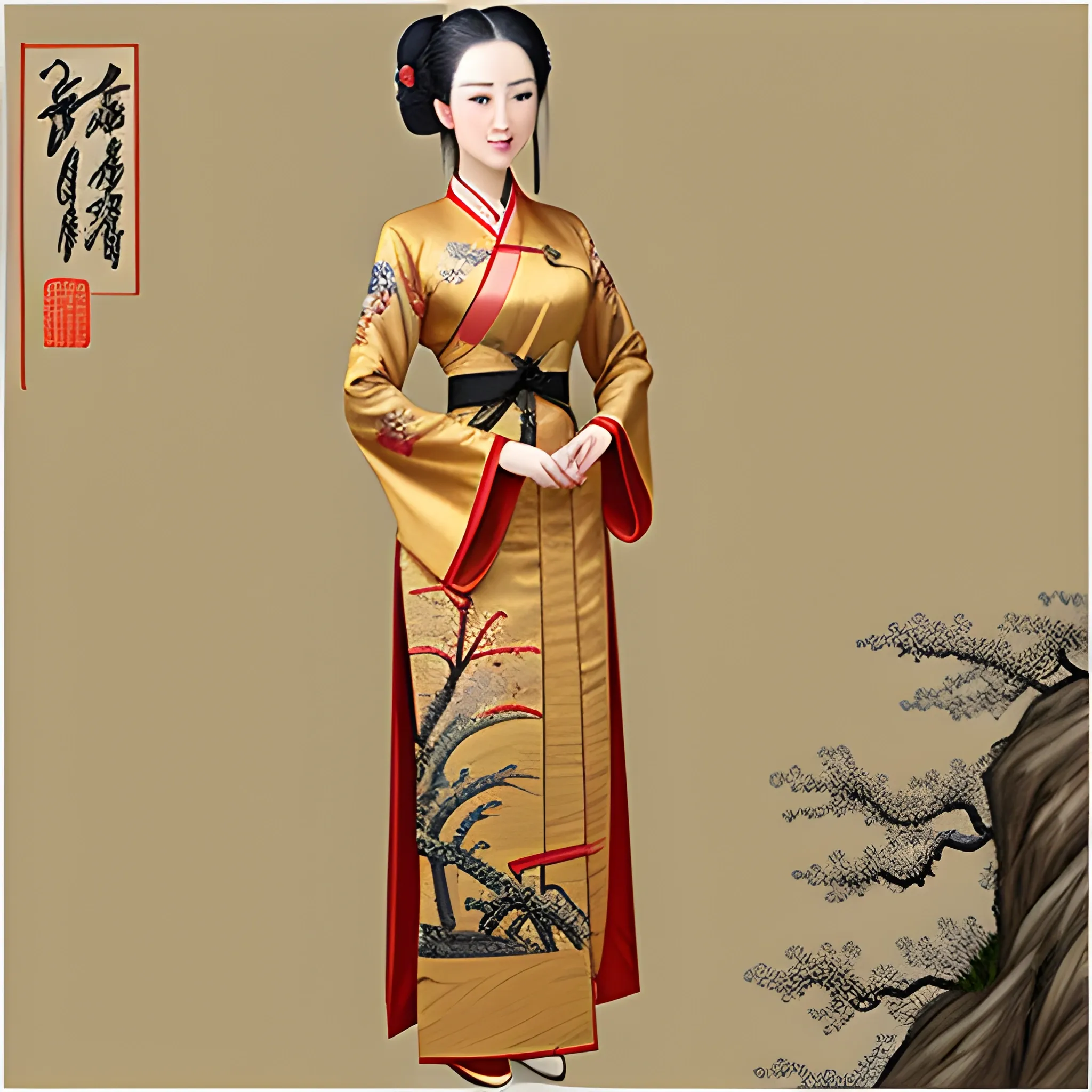 Painting of young woman full-length in kimon,  in ancient Chinese traditional painting style, elegant, master paintings