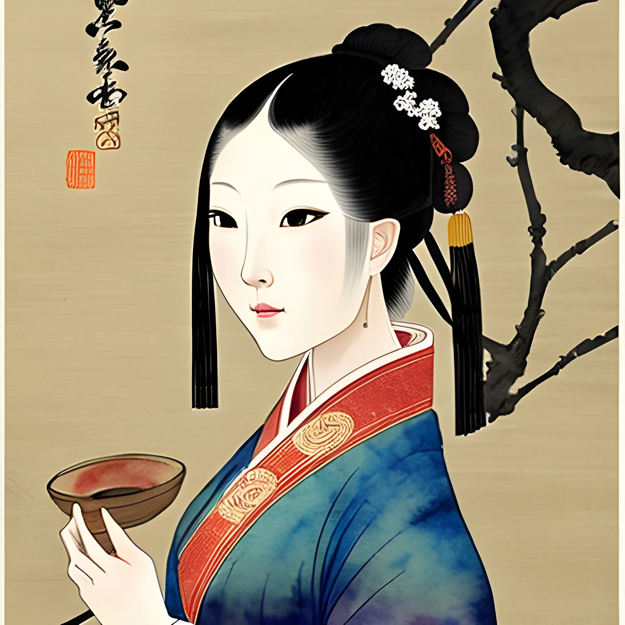 Pictures of ladies in ancient Chinese traditional painting style, elegant, master paintings, Trippy, , Water Color