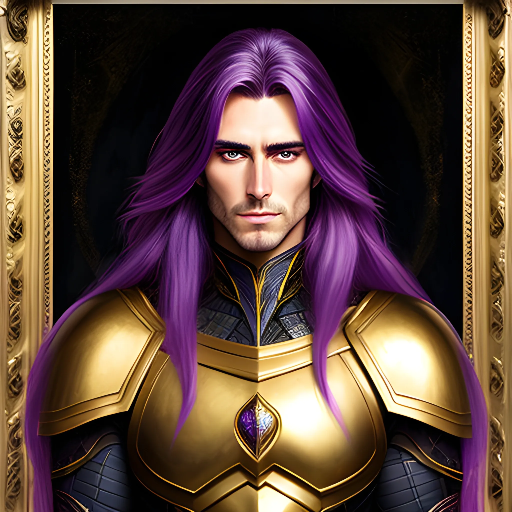 human, male, gold hair, gold and purple armor, purple eyes, handsome, young, long hair, sad, Oil Painting