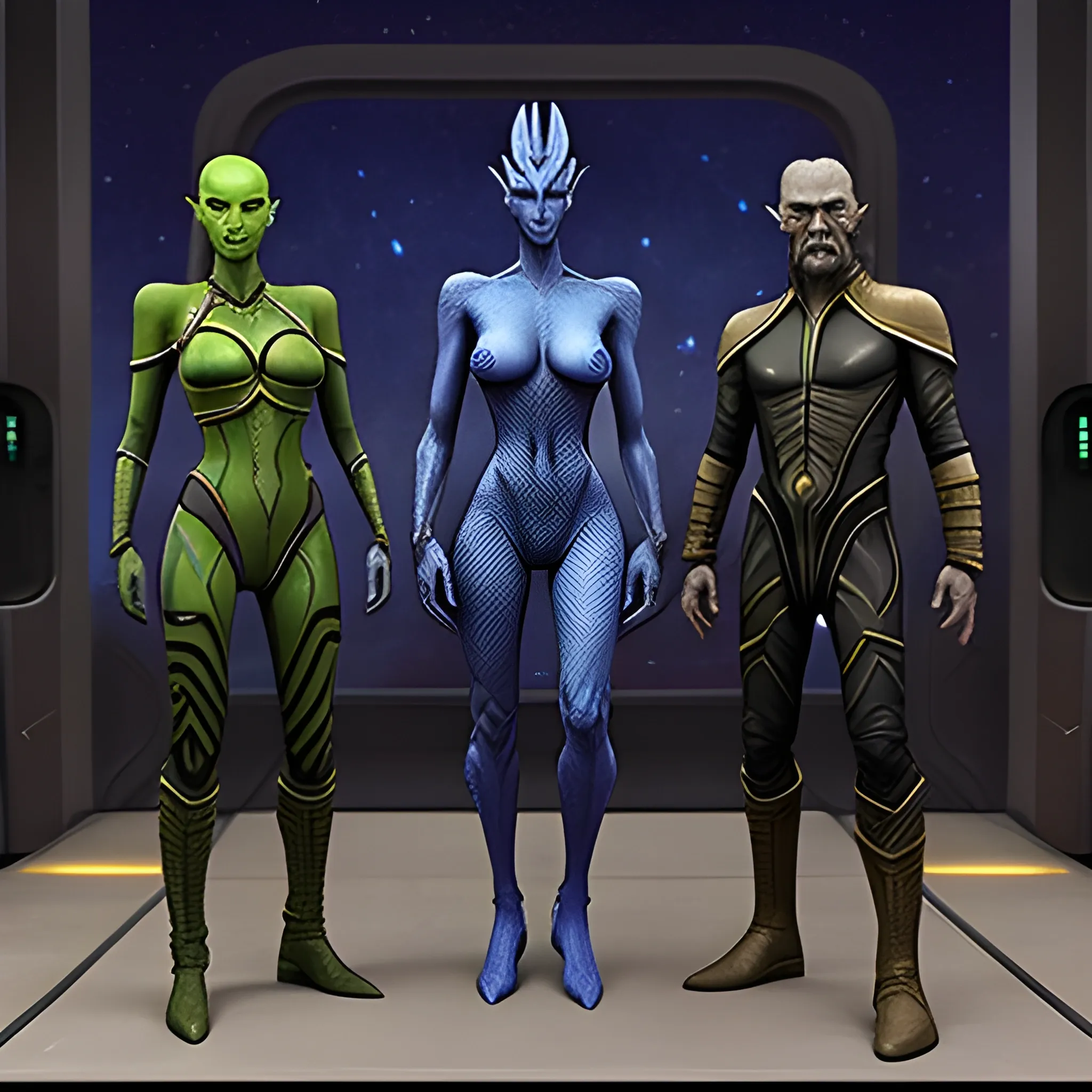 Realistic looking aliens from the following species: Andorian, Klingon, Brakiri, Narn, Wookie, Talón, & Jaridian. Uniforms and random generators.  Mix and match any of the above species to create a realistic looking alien. In the end, there will be over 1000 of them. Using the styles of Edgar Allen Poe, George Lucas, Steven Spielberg, Ridley Scott, Alfred Hitchcock, & Michael Westmore. Standing in front of their ship, and walking straight ahead.Realistic random combos aliens based on the following alien: Star Trek's Cardassians, Vulcans, Babylon 5, Narn. Randomly make them male and female.750k UHD resolution! The scene is designed, by Mary Shelley, Michael Westmore, & D.C. Fontana.