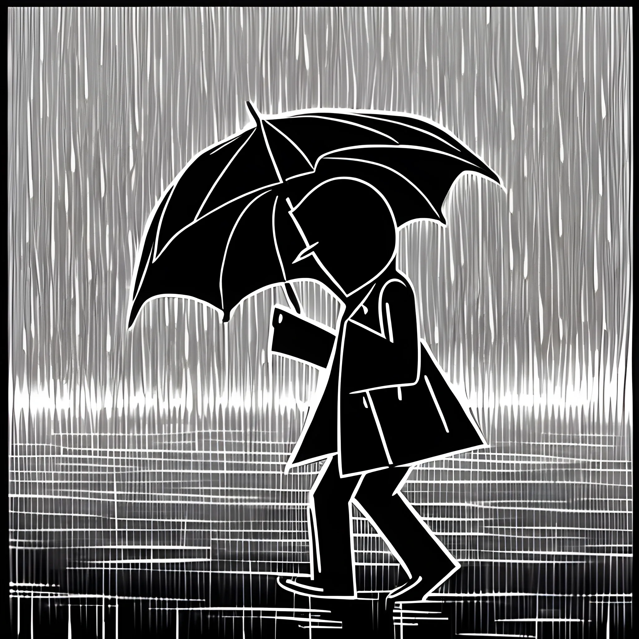 Black figure walking through the rain , Cartoon