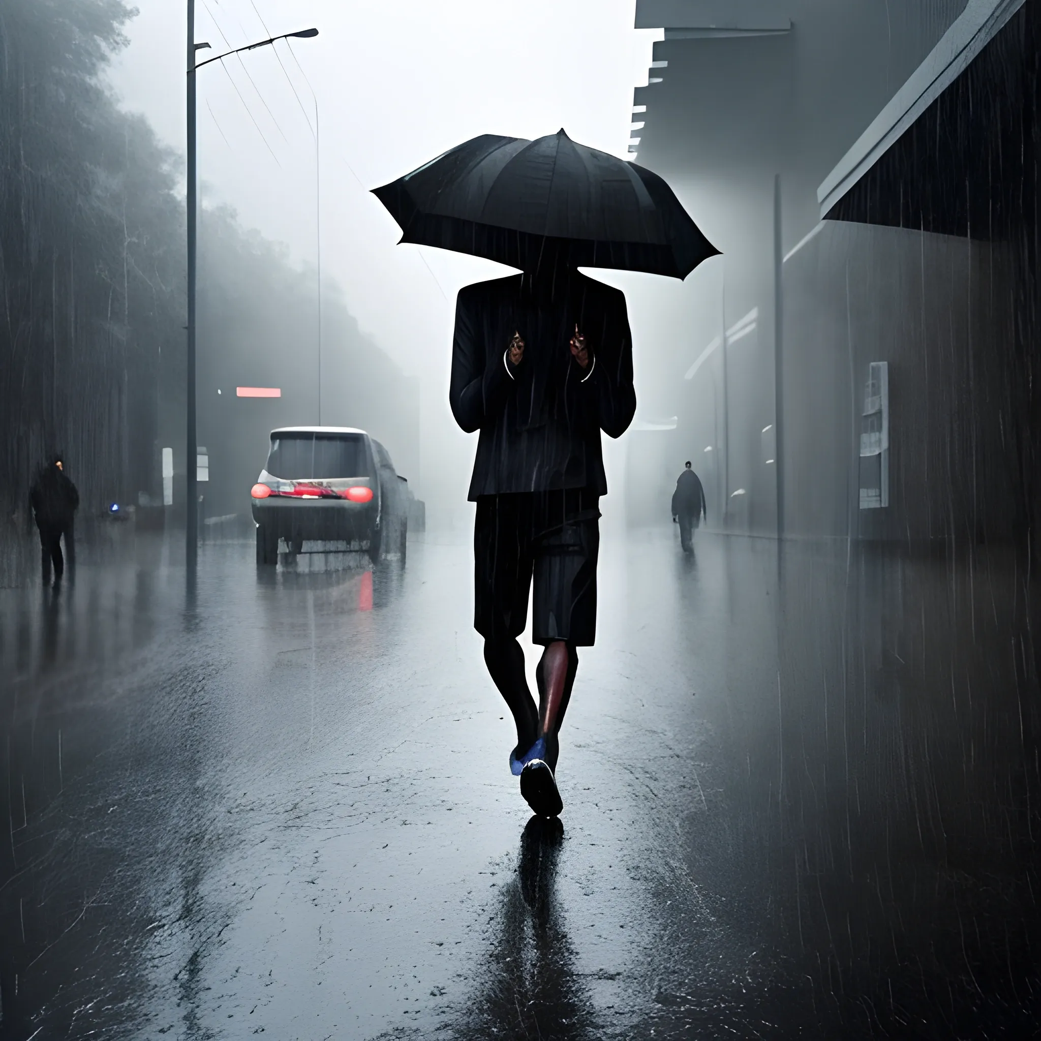 Black man walking through the rain , dark