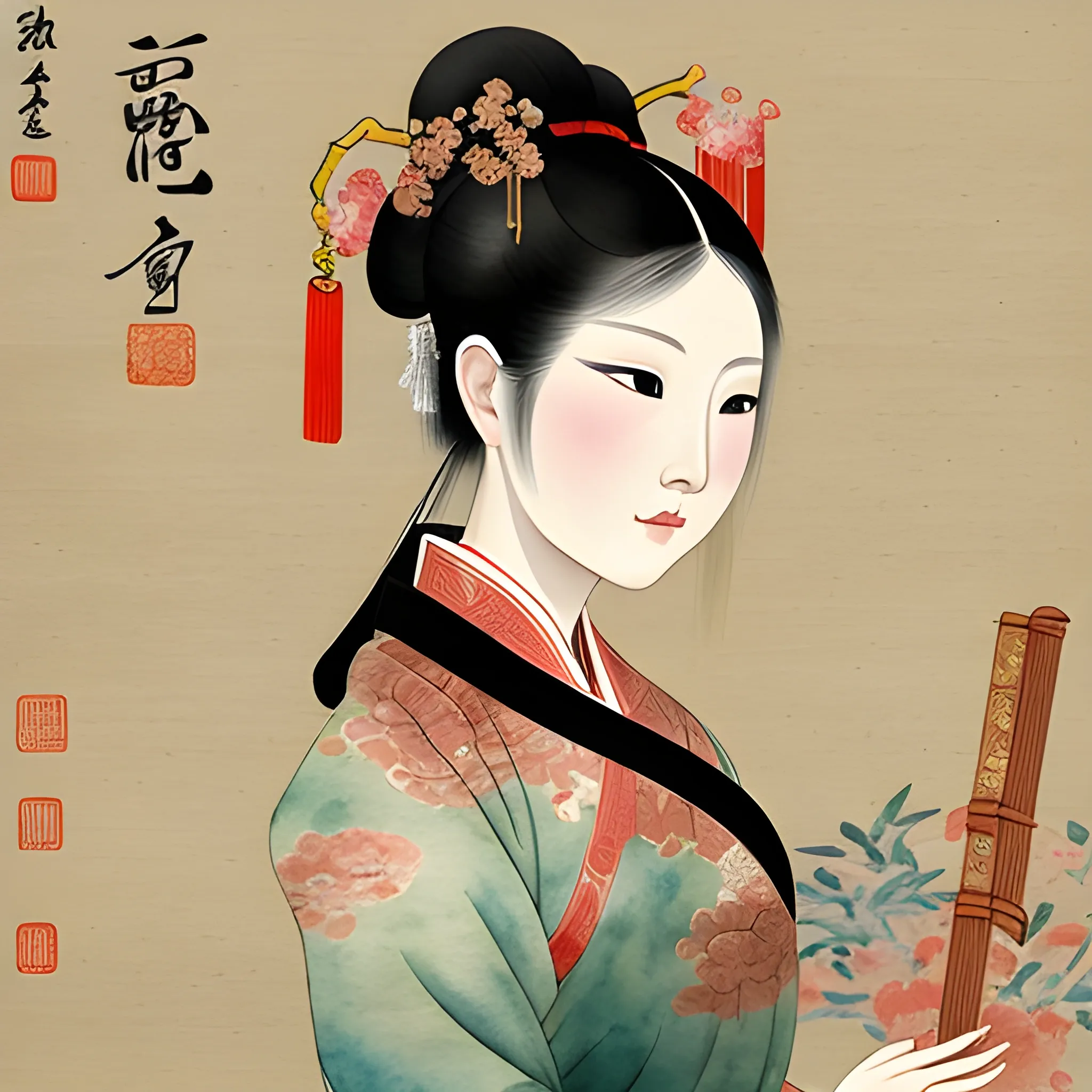 Pictures of ladies in ancient Chinese traditional painting style, elegant, master paintings, Water Color