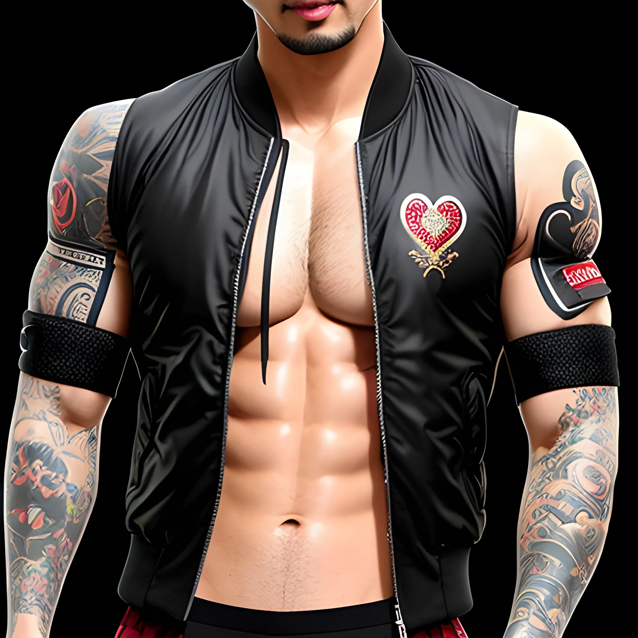 cute Thai young male , cool tattoo , chest stabbed wound  , wear ma1 bomber jacket, 3D