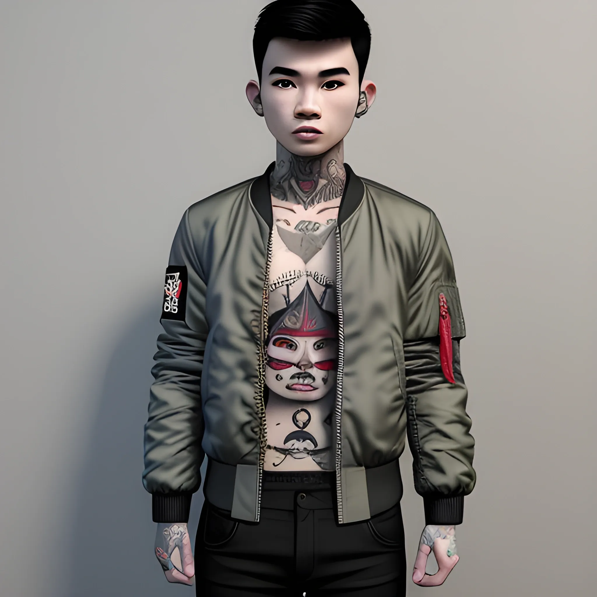 cute Thai youngmale , cool tattoo , stabbed wound  , ma1 bomber jacket, 3D