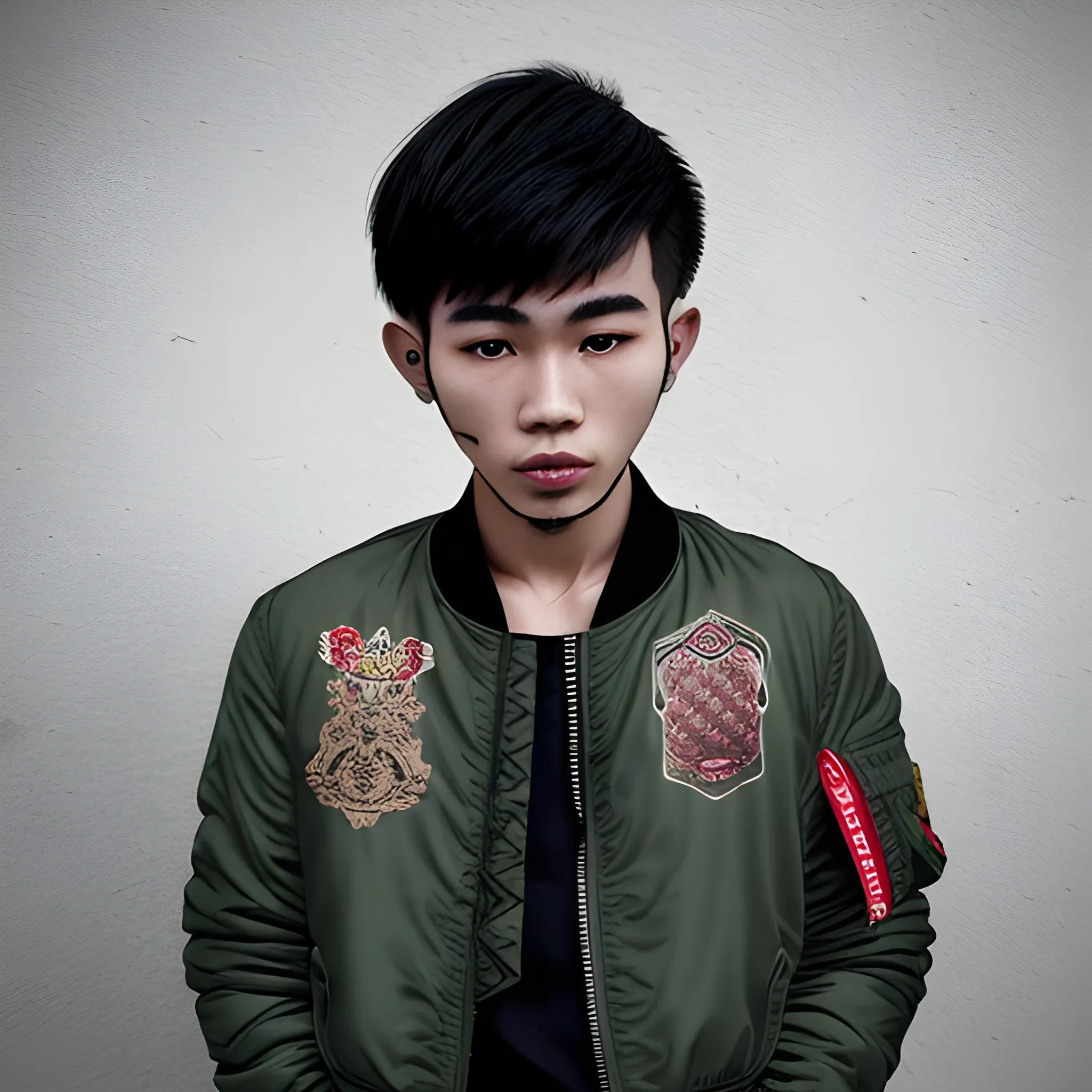 cute Thai youngmale , cool tattoo , stabbed wound  , ma1 bomber jacket, realistic
