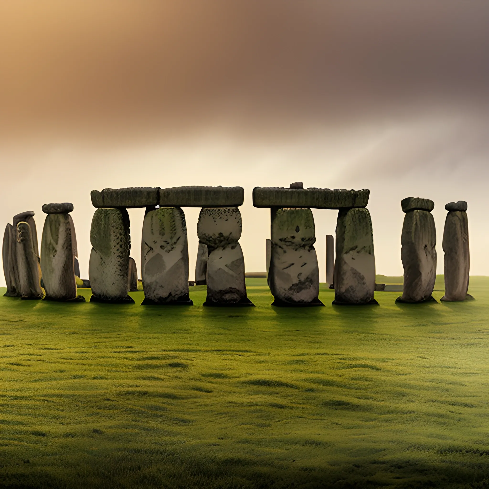 panoramic view of stonehenge , in rainy weather, and fog, at sunset, high quality:1.4), professional photography, HDR, High Dynamic Range, realistic, ultra realistic, photorealistic, high resolution, film photography, ambient lighting,  masterpiece,, Oil Painting