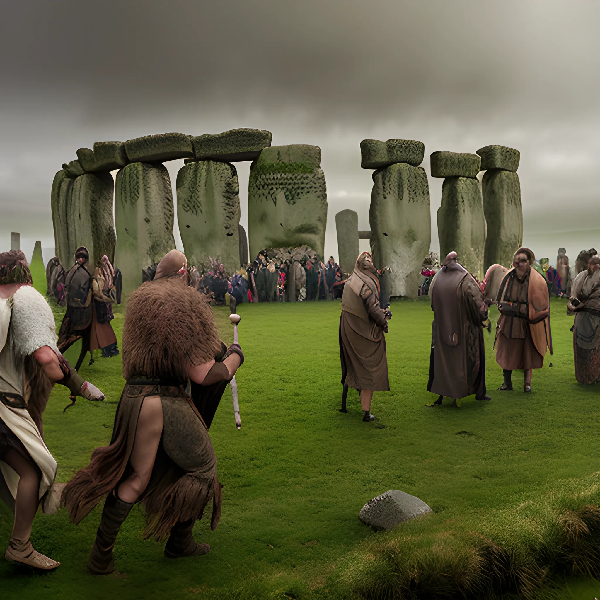 epic combat between druids and romans panoramic view of stonehenge , in rainy weather, and fog, at sunset, high quality:1.4), professional photography, HDR, High Dynamic Range, realistic, ultra realistic, photorealistic, high resolution, film photography, ambient lighting, masterpiece,