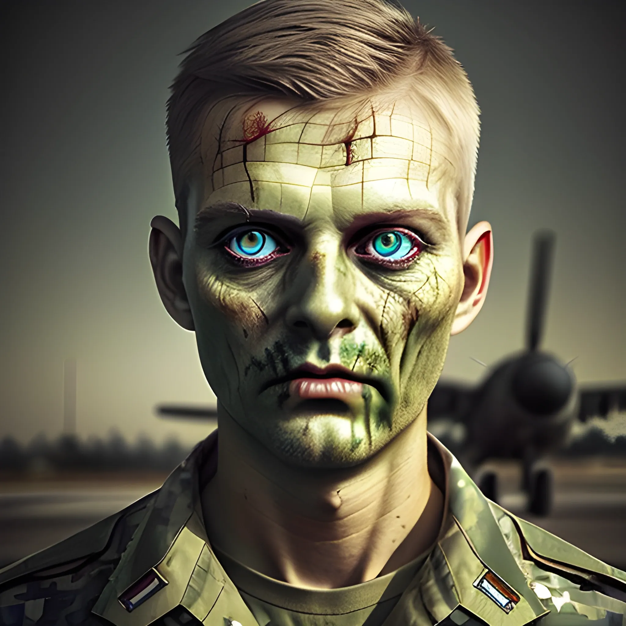 Shot on iphone of a zombie-faced soldier, military aircraft, double exposure, stunning light, ultra realistic photo, uploaded on Snapchat, cozy, glowing, striking,  fine detail, pretty, enhanced, color, surreal