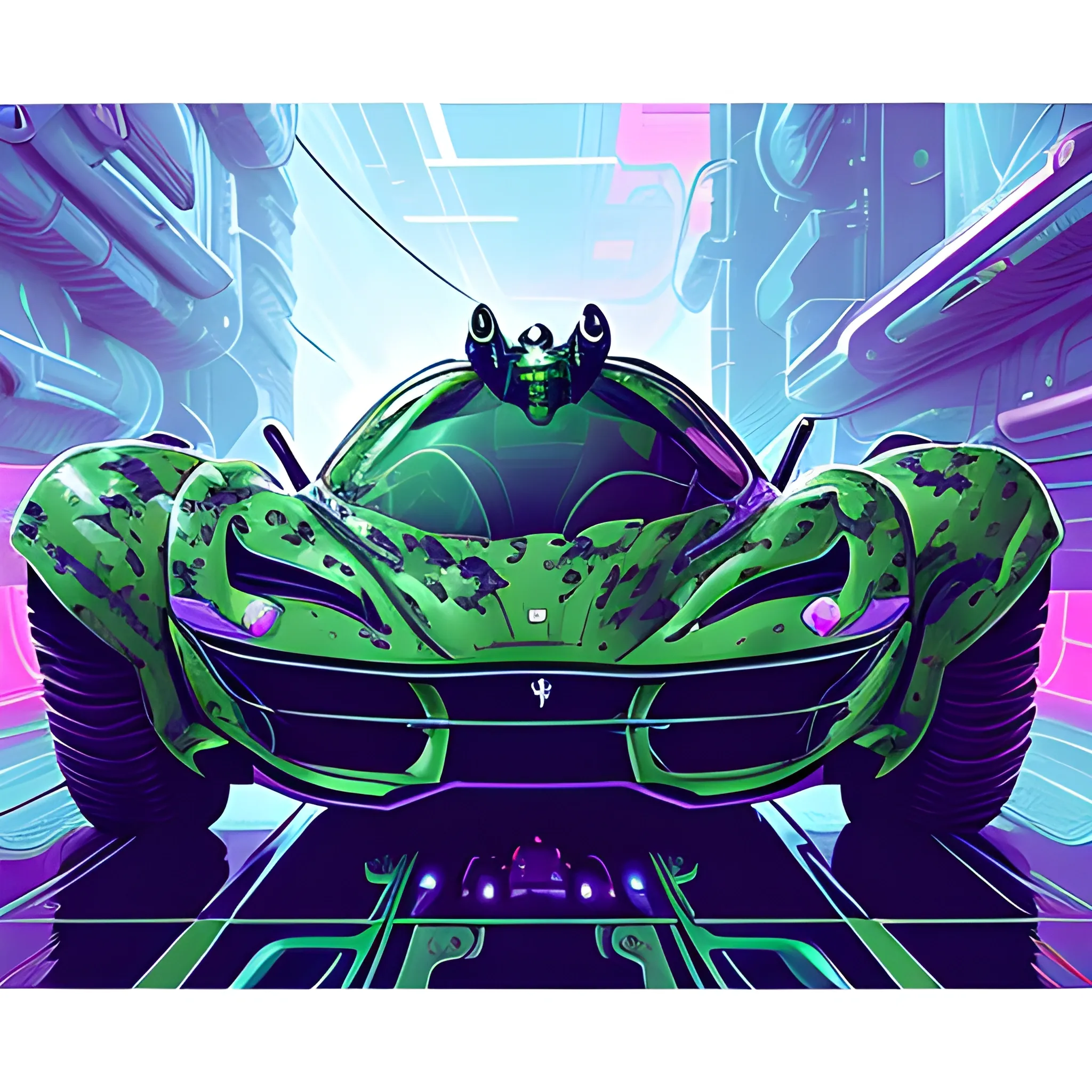 Hyper futuristic transparent gelatinous Ferrari styled monster space car with biological elements viable inside fused into, a living breathing vehicle, in Military combat camouflage colours, sinister gouache detailed painting cyberpunk neon 