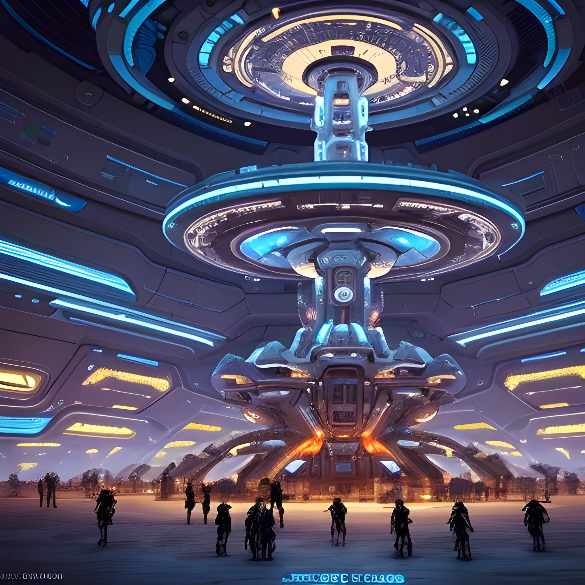 A grand, futuristic space station, that is also a colony. Multiple spaceships, varying in size and design, are docked or floating around the inside the station. The station itself is adorned with intricate architectural designs, illuminated by vibrant lights in hues of blue, orange, and red. On the ground level, a multitude of alien beings, dressed in diverse attire, are seen interacting, conversing, or simply observing. There are numerous construction equipment vehicles. 🧰🏗️👷👷‍♀️👷‍♂️🚧🧰🚧🥽🏗️⚒️⚓⚗️⚙️⛏️✂️🔦🔥🔎🔍📐👩‍🔧👨‍🔧🔱🔨🔩🗜️🔪🛠️🔫🧑‍🔧🔬🪚🪛🔭The backdrop is dominated by a massive, glowing planet, suggesting that this colony is located on or near a celestial body. There at least 200 humans, aliens, humanoids, cyborgs, Massive equipment, that moves just about any ship around. It hangs from the mile high ceiling.