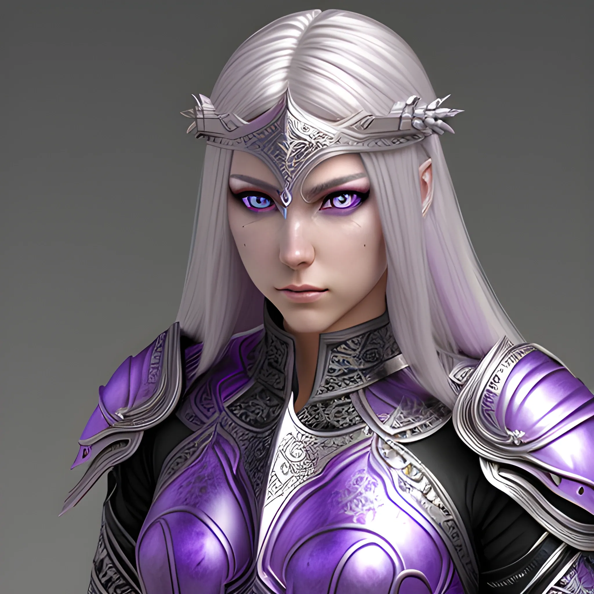 fantasy, paladin, warrior, female, long silver hair, purple eyes, violet eyes, intricate light armor, hyper realistic, 3D, elegant, mysterious, strong, silver hair, sword